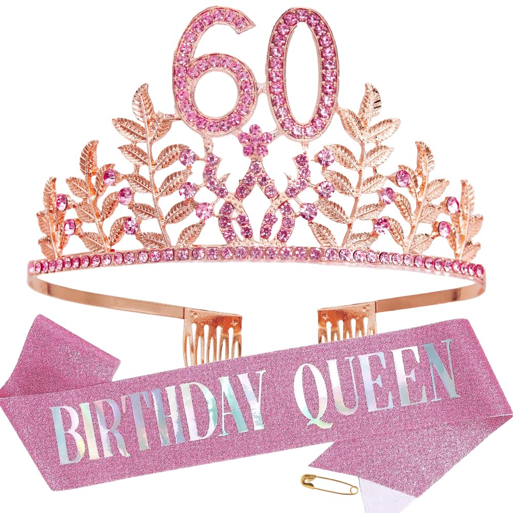 HPMAISON Women 60th Birthday Crown with Combs & A Pink Sash Rhinestone Headband Princess Tiara Cake Topper Party Costume Accessories Tiara and Belt for 60th Birthday Party Present