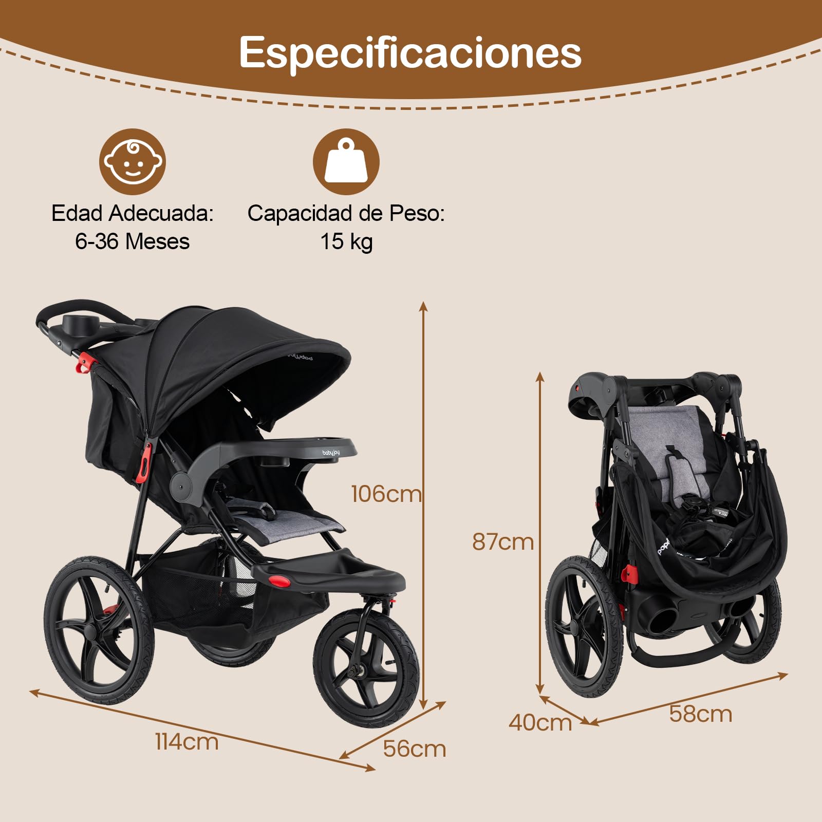 GOPLUS Cochecito de Bebé Jogger, Cochecito de Viaje Compacto y Plegable con Capota Ajustable en 6 Posiciones y Respaldo Reclinable, Arnés de Seguridad, Cesta Portaobjetos, para 6 a 36 Meses