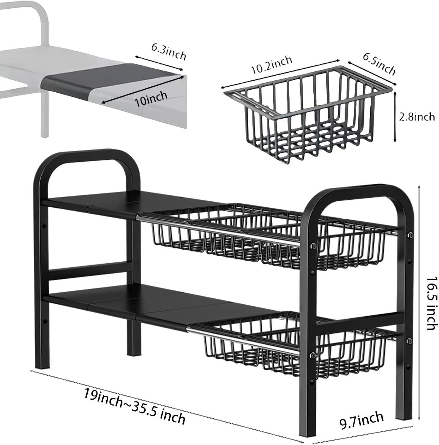Under Sink Organizer，2 Tier Expandable Heavy Duty Metal Shelf，with 5 Removable Panels and 5 Storage Basket for Under Kitchen Bathroom Sink Organizers and Storage(Black, Large) - Image 2