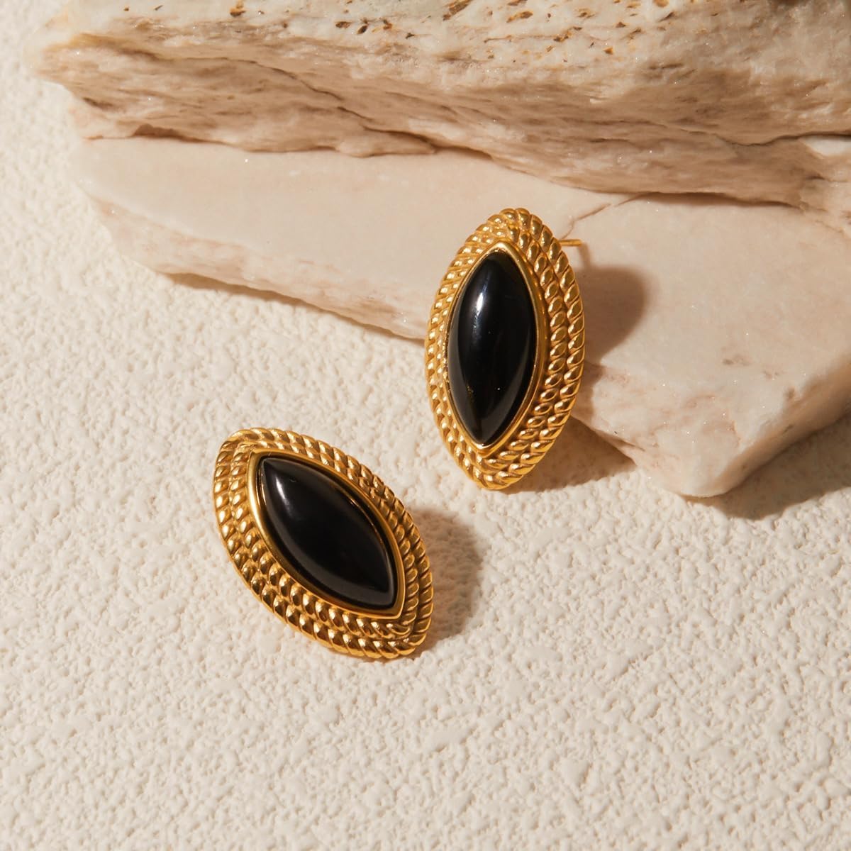 Gold Chunky Statement Earrings for Women, Black onyx Vintage Earrings - Image 5