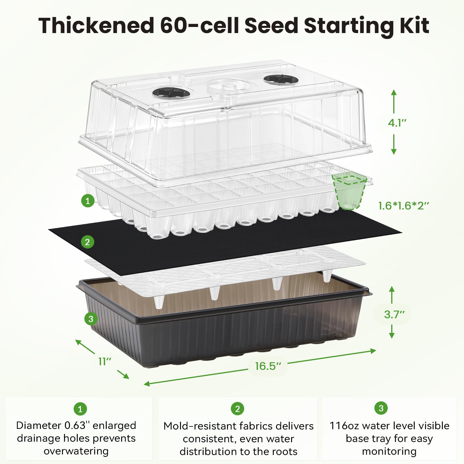 Plateau de démarrage de graines avec lampe de croissance – Kit de démarrage de graines à 60 cellules auto-arrosant avec lampe de croissance à DEL 24h/24, 7j/7, dôme d'humidité de 10,2 cm pour herbes