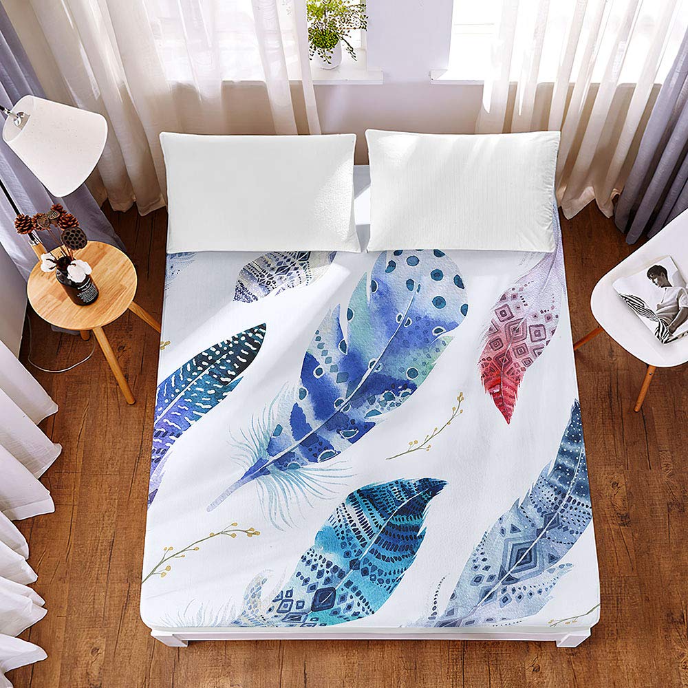 Drap housse 200x200cm paon bleu en microfibre respirante avec bonnet de 30cm Chickw1