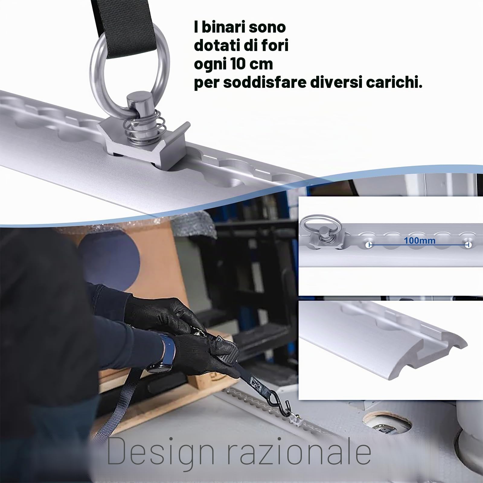UISEBRT Set di 4 guide in alluminio da 100 cm - Guide per airline semicircolari con 10 morsetti di chiusura in argento - Guide forate per il fissaggio del carico per ATV, camion e camper