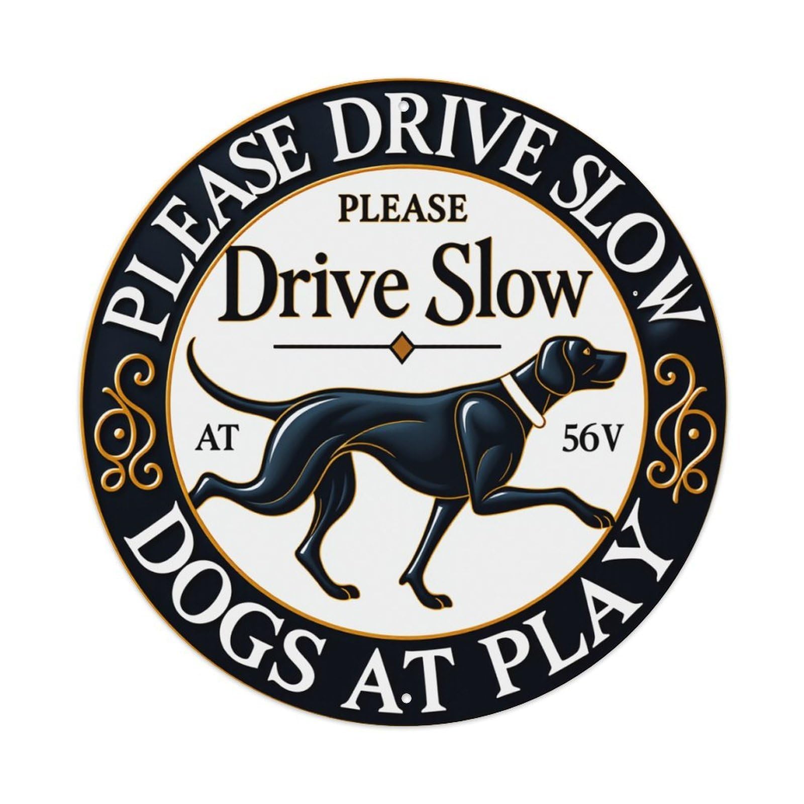 Please Drive Slow Dogs At Play Vintage Metal Tin Sign Retro Wall Decor for Home Bar Garage Cafe, Indoor & Outdoor Decorative，circle Metal Poster, 8x8 Inch
