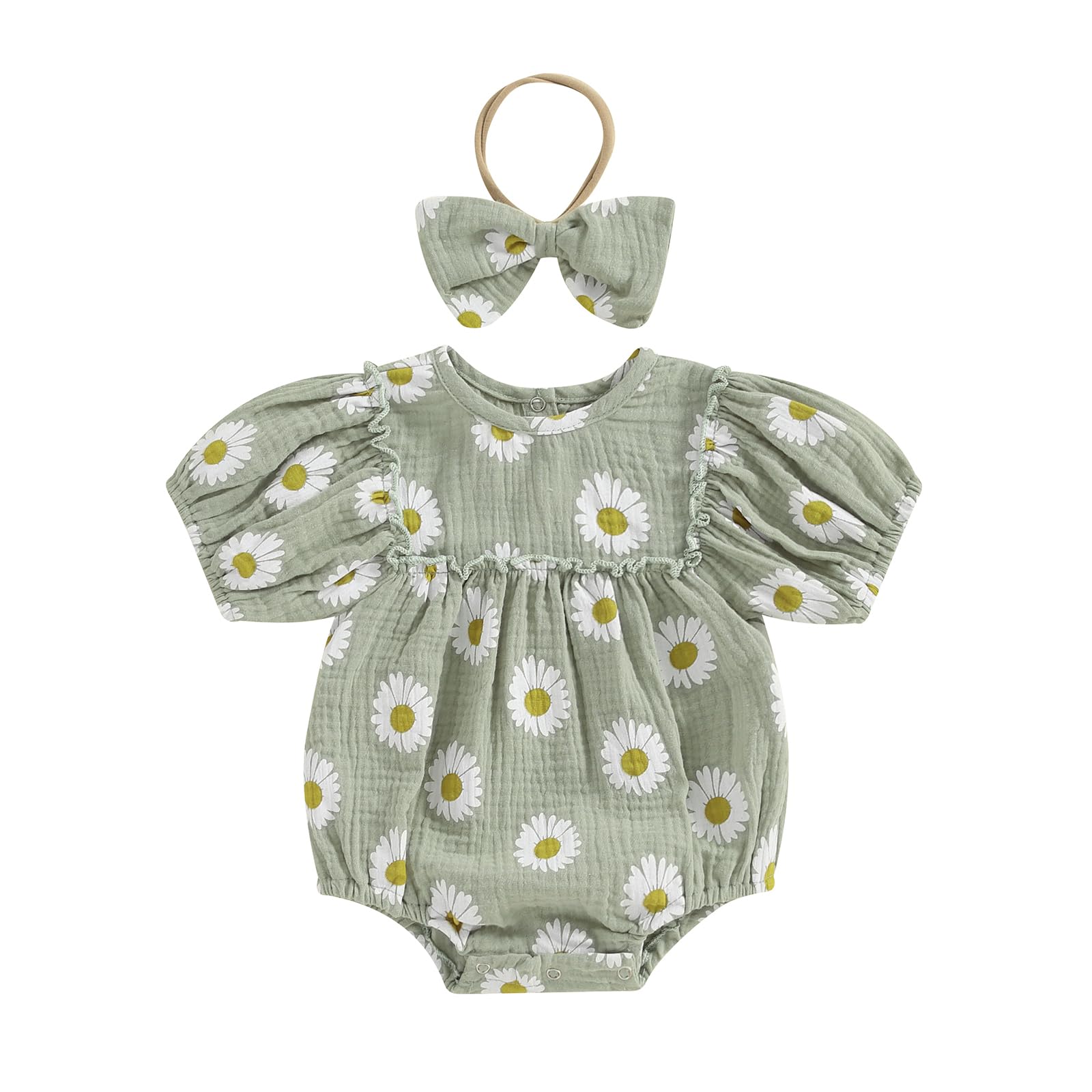 Newborn Baby Girl Clothes Summer Daisy Bubble Romper Cute Infant Outfits Toddler Floral Bodysuit Spring Outfit (A Daisy Romper Green, 6-12 Months)