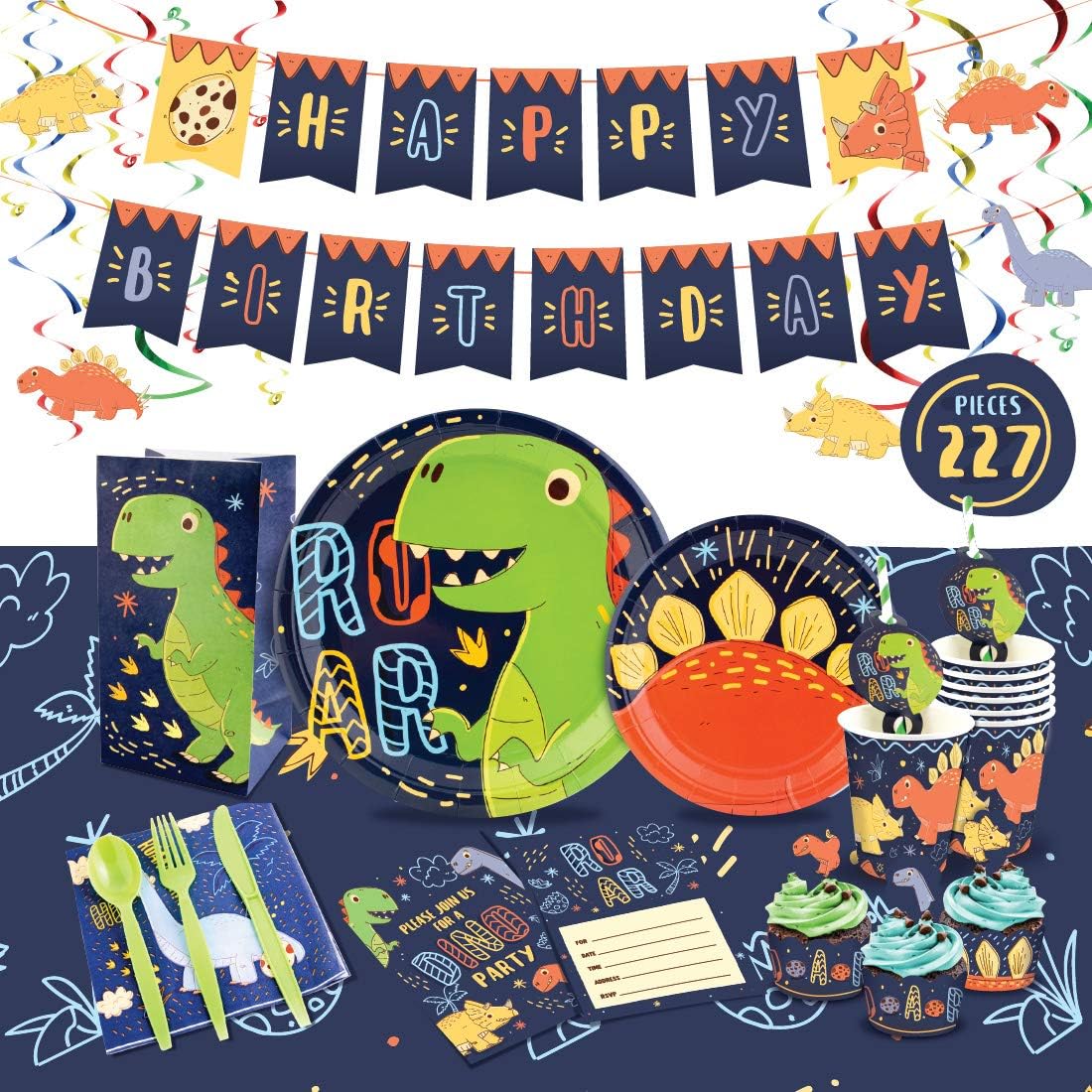 227 Pcs Dinosaur Birthday Party Supplies For Boys and Girls - Serves 16 – Napkins | Utensils | Dinosaur Party Plates & Cups | Invitations | Cake Wrappers & Toppers | Dinosaur Napkins | Tablecloth | Birthday Banner