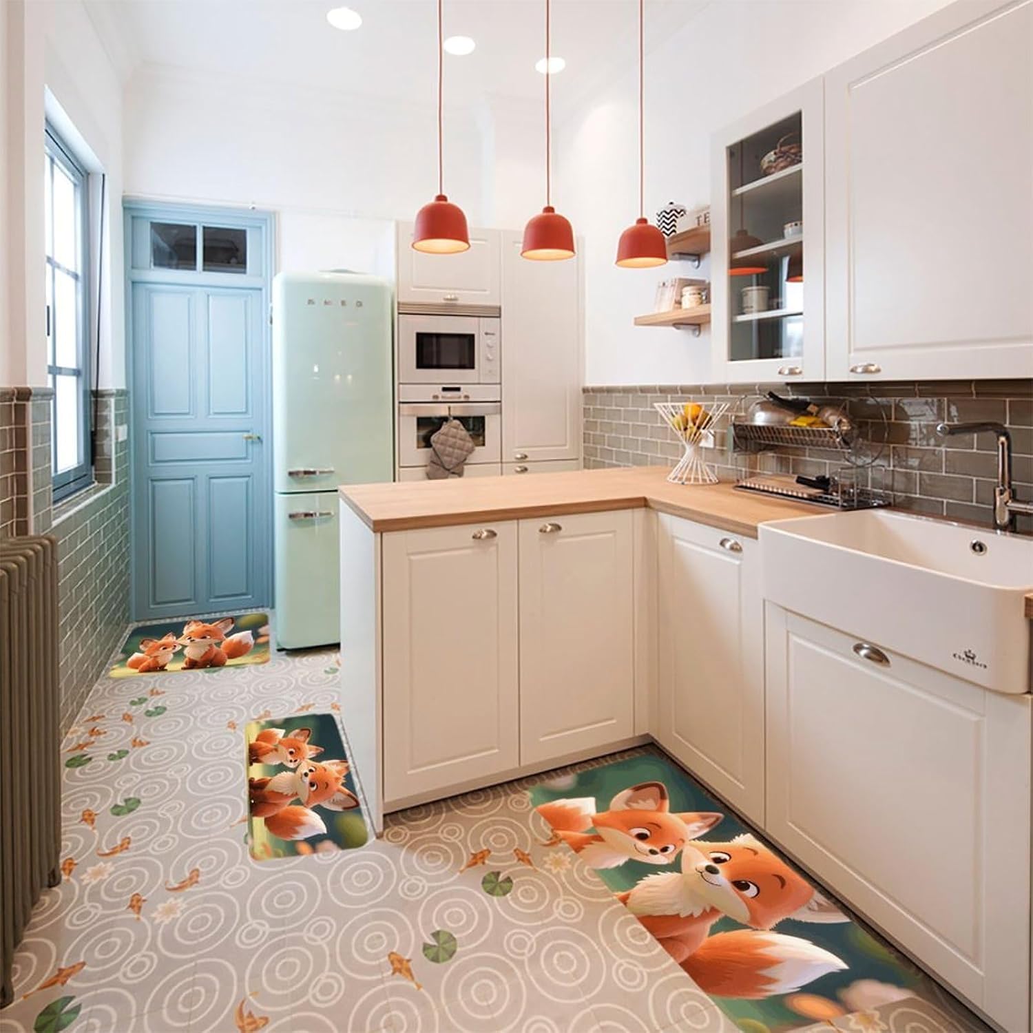 Cartoon Little Foxes Kitchen Mats for Floor 3 Pcs Kitchen Rugs
