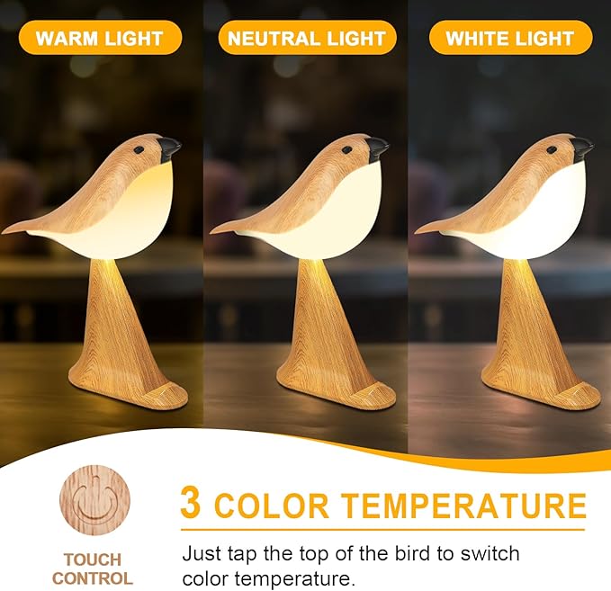 Deogos Cute Bird Table Lamp with Timer, Touch Bedside Lamp, Brid Night Light, Cordless Small Desk Lamps Battery Operated Nightstand Lamps, 3-Way Dimmable Light, Rechargeable Decorative Desk Lamp photo 3