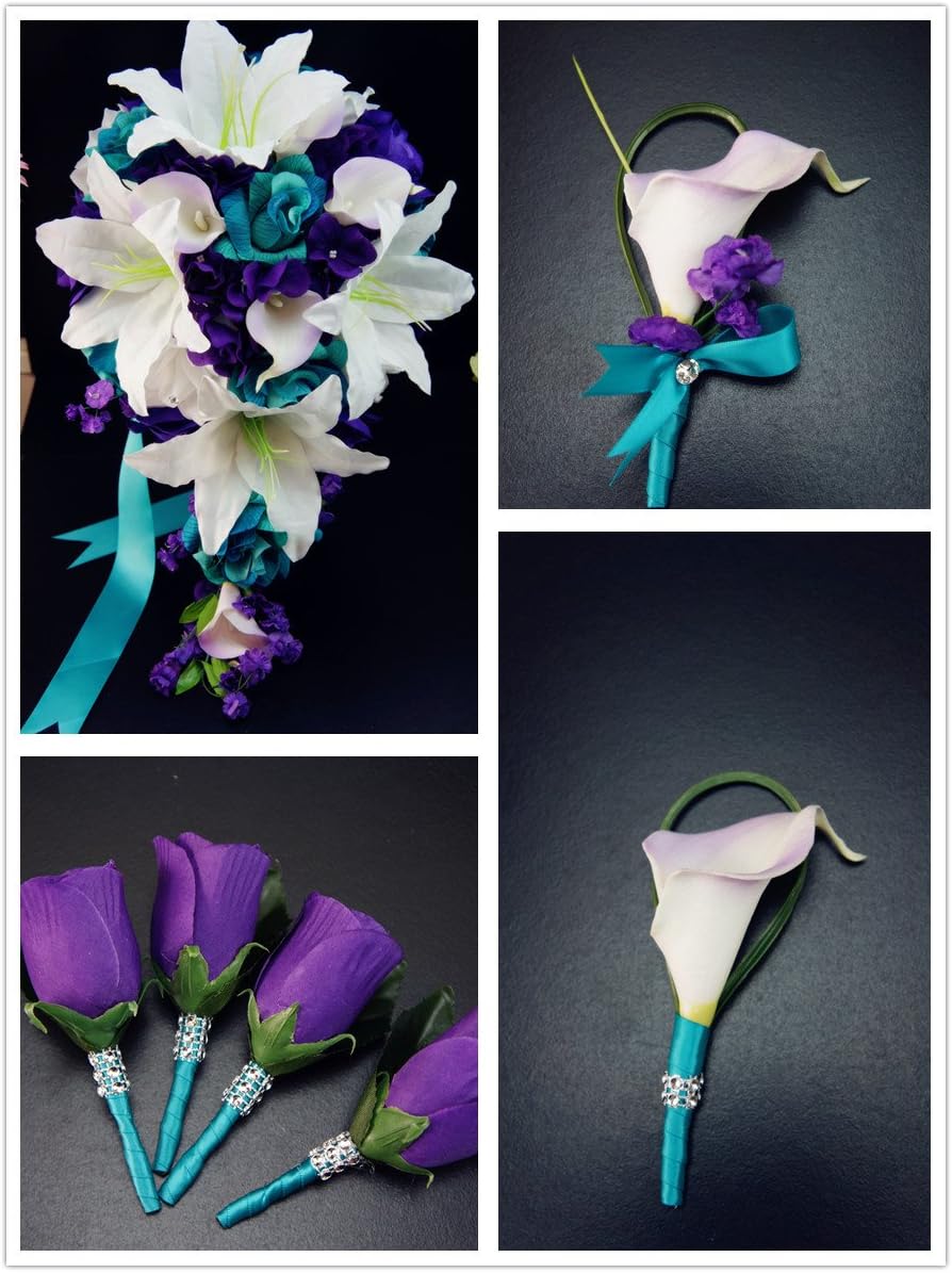 Angel Isabella Wedding Flower Package - 13pc Jade (Light Teal) and Purple Artificial Flowers