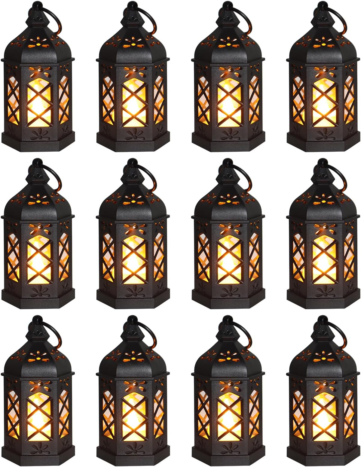 Reperla 12-Pack Mini Lanterns, Small Candle Lanterns Decorative, Black Tea Light Lantern, Ramadan Eid Decor, Table Centerpiece for Wedding Halloween Christmas, Easter Decorations, Battery Included