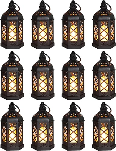 Paquete de 12 mini faroles, pequeños faroles de vela decorativos, farol de luz de té negro, decoración de Ramadán Eid, centro de mesa para boda,