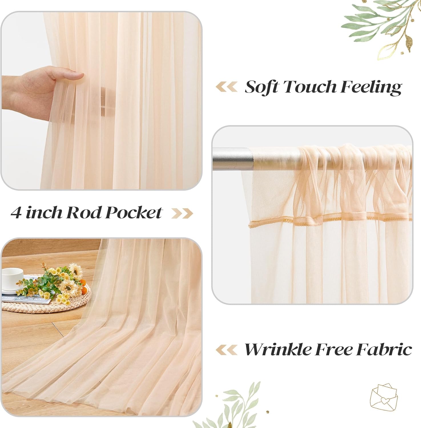 10ft x 8ft Champagne Backdrop Curtain with Lights String for Parties, Sheer Tulle Wedding Photo Backdrops Drapes for Baby Shower Birthday Party Decorations Background for Photography