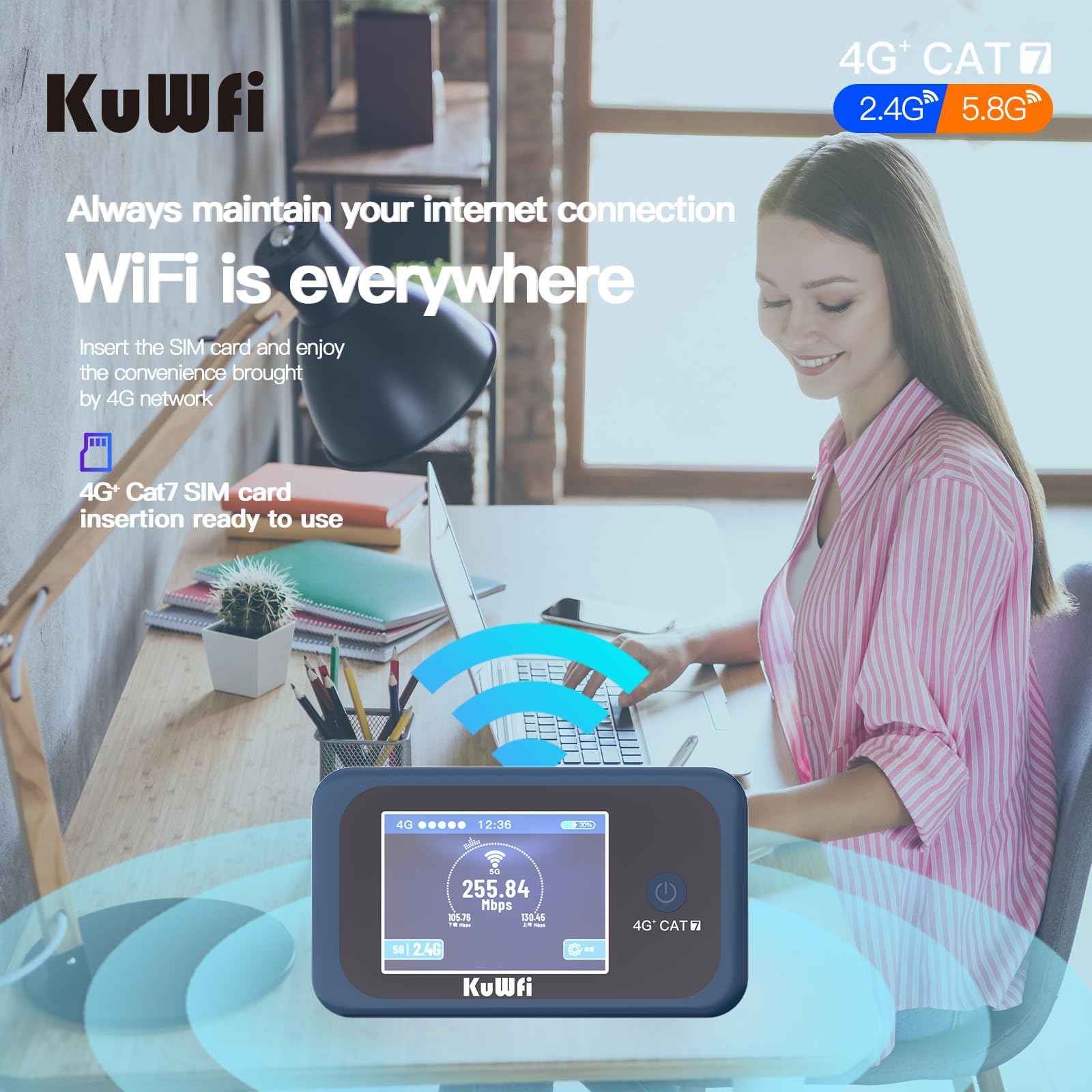 KuWFi Router 4G+ SIM, Router Dual Frequenza Mobile Wireless con Supporto SIM Card, 4G+ CAT7 Velocità fino a 300Mbps, Connessione a 10 dispositivi, Facile da collegare e trasportare, 3000mAh