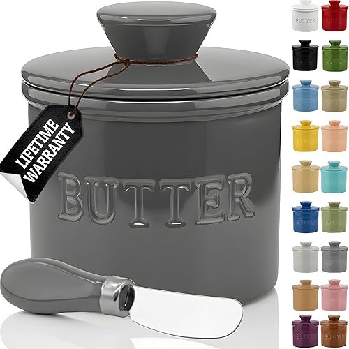 Miniatura 21 de Priority Chef Recipiente para Mantequilla con Tapa y Línea de Agua, Plato Francés de Cerámica para Mantequilla para Dejar en la Encimera, Gris Claro