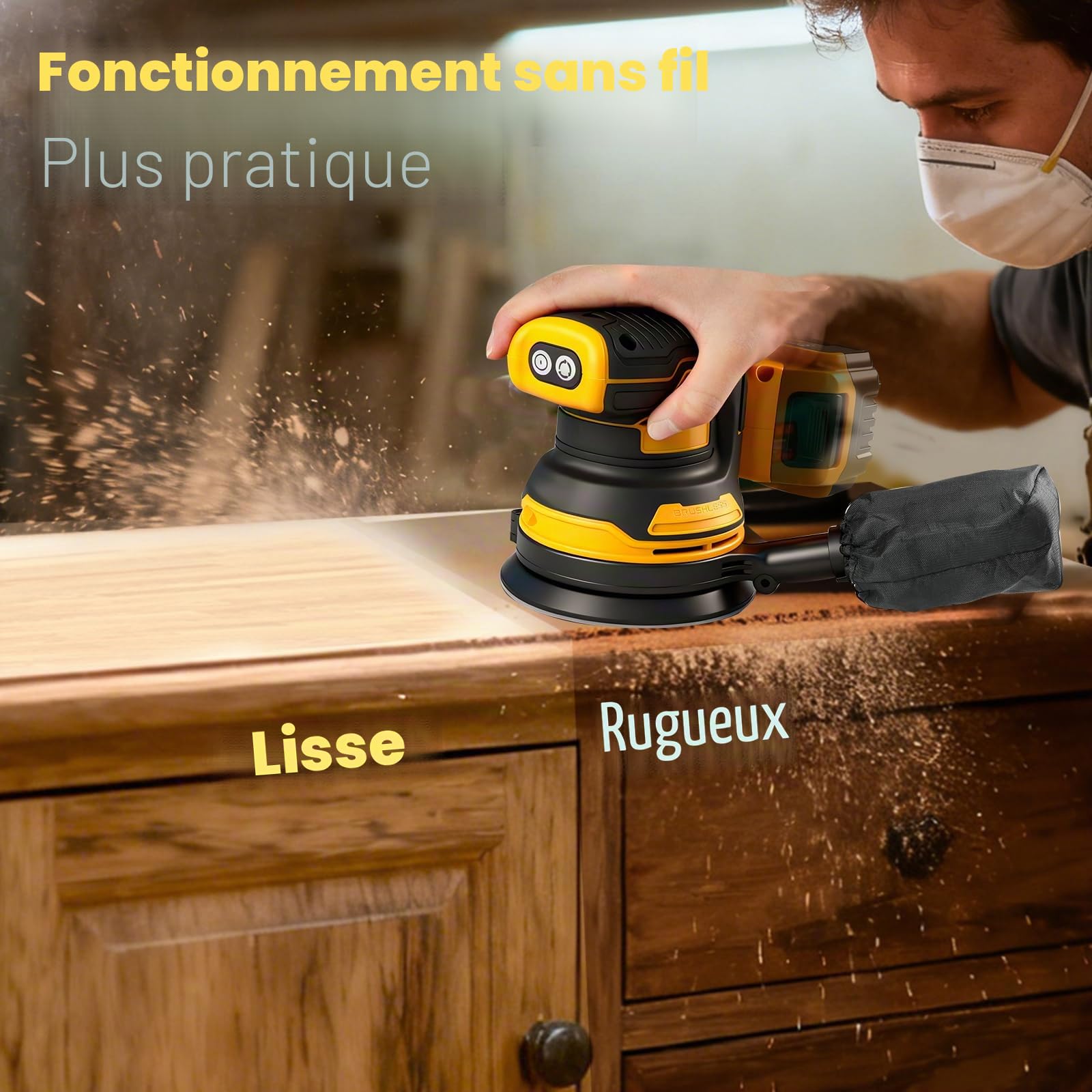 Ponceuse orbitale aléatoire sans fil 11 000 tr/min, compatible avec les batteries DEWALT 20 V. Fournie avec sac à poussière, capot de protection et papier abrasif pour le ponçage et le polissage