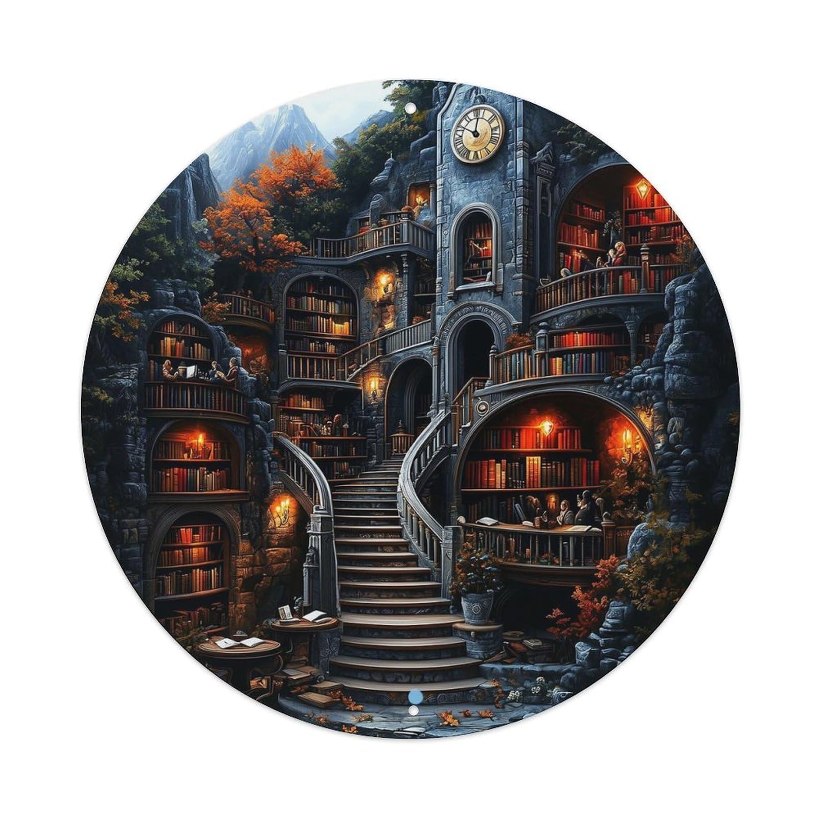 Fantasy Library Mountain Clock Tower Vintage Round Tin Sign Retro Metal Wall Decor Metal Poster, Home Bar Garage Cafe Wall Art Decoration 8x8Inches