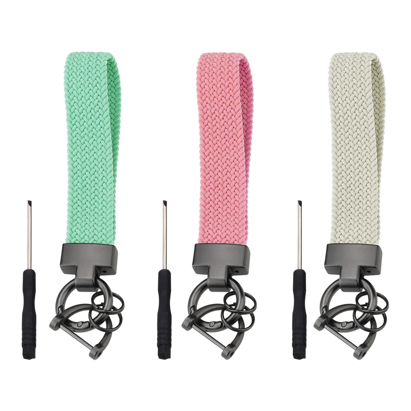 LELE LIFE 3 Pack Stretchy Keychain Wristlet, Key Chain for Car Keys with Carabiner Clip, D Ring and 2 Keyrings, Cute Wrist Lanyard for Women Men, Beige+Pink+Green