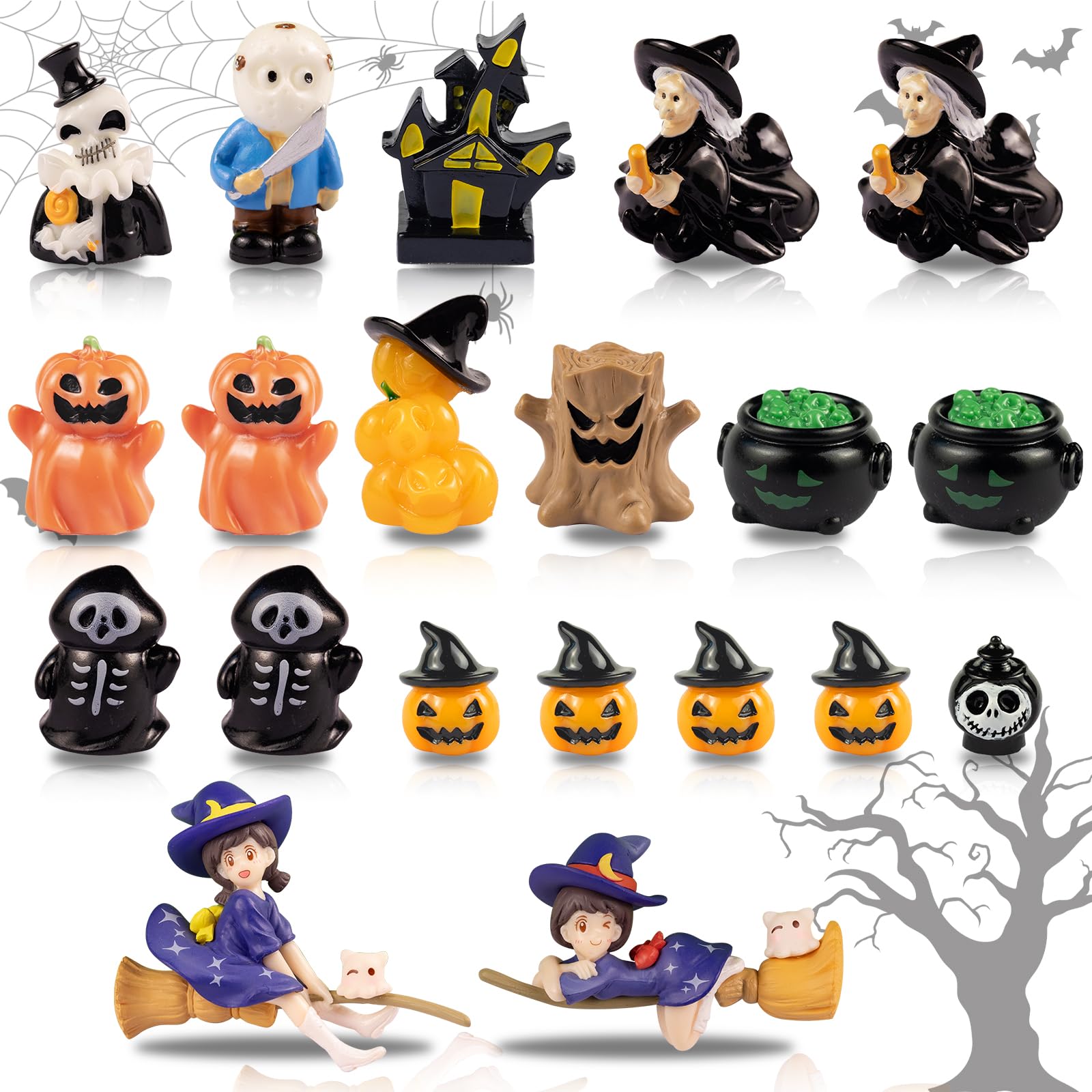 Mini Halloween Miniaturen Deko, 20er Kleine Halloween Hexe Geist Ornamente Deko, Kleine Harzfiguren zum Verstecken Kleines Kürbis für DIY Potting Micro Landschaft Aquarium Dekoration (D)