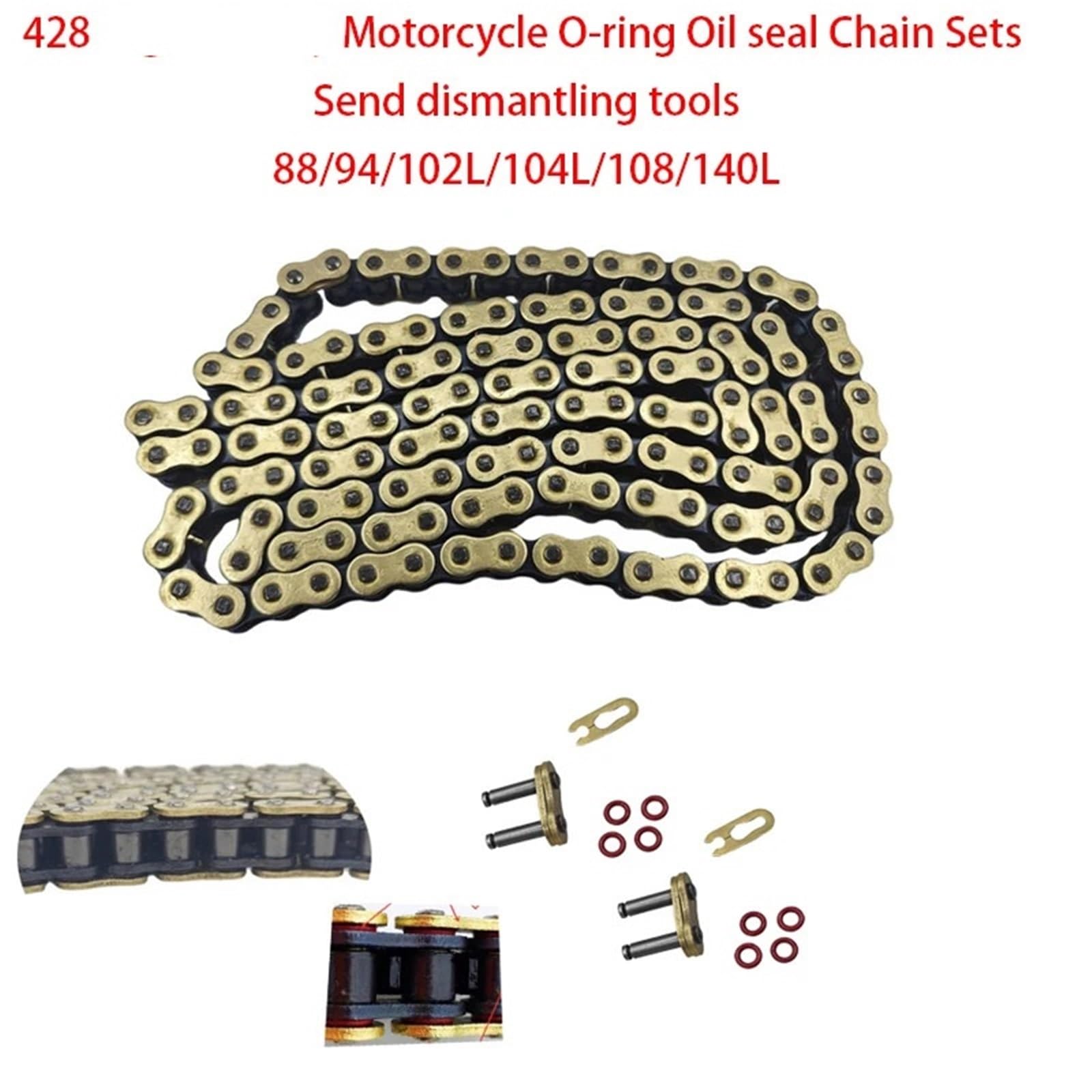 Catene per moto Maglie Set di guarnizioni per catene con O-ring per moto, adatti per catene da 428, 88-140 maglie, per quad, pit bike, go-kart, moto da cross, metallo.(428 Chain 140 Links)