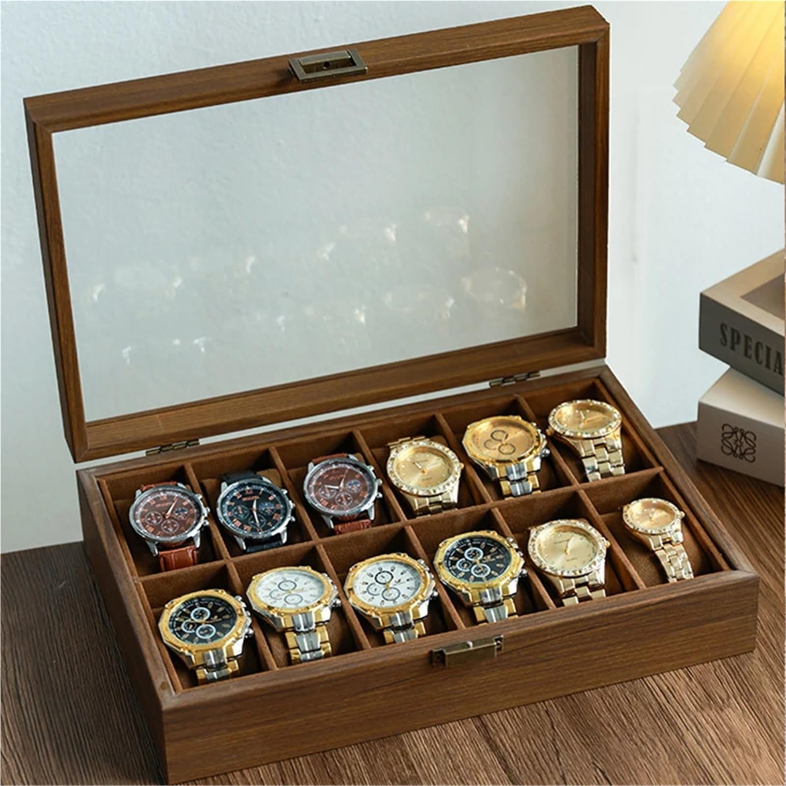 Portaorologi in Legno Massello Scatola for orologi in legno a 12 scomparti con coperchio in vetro