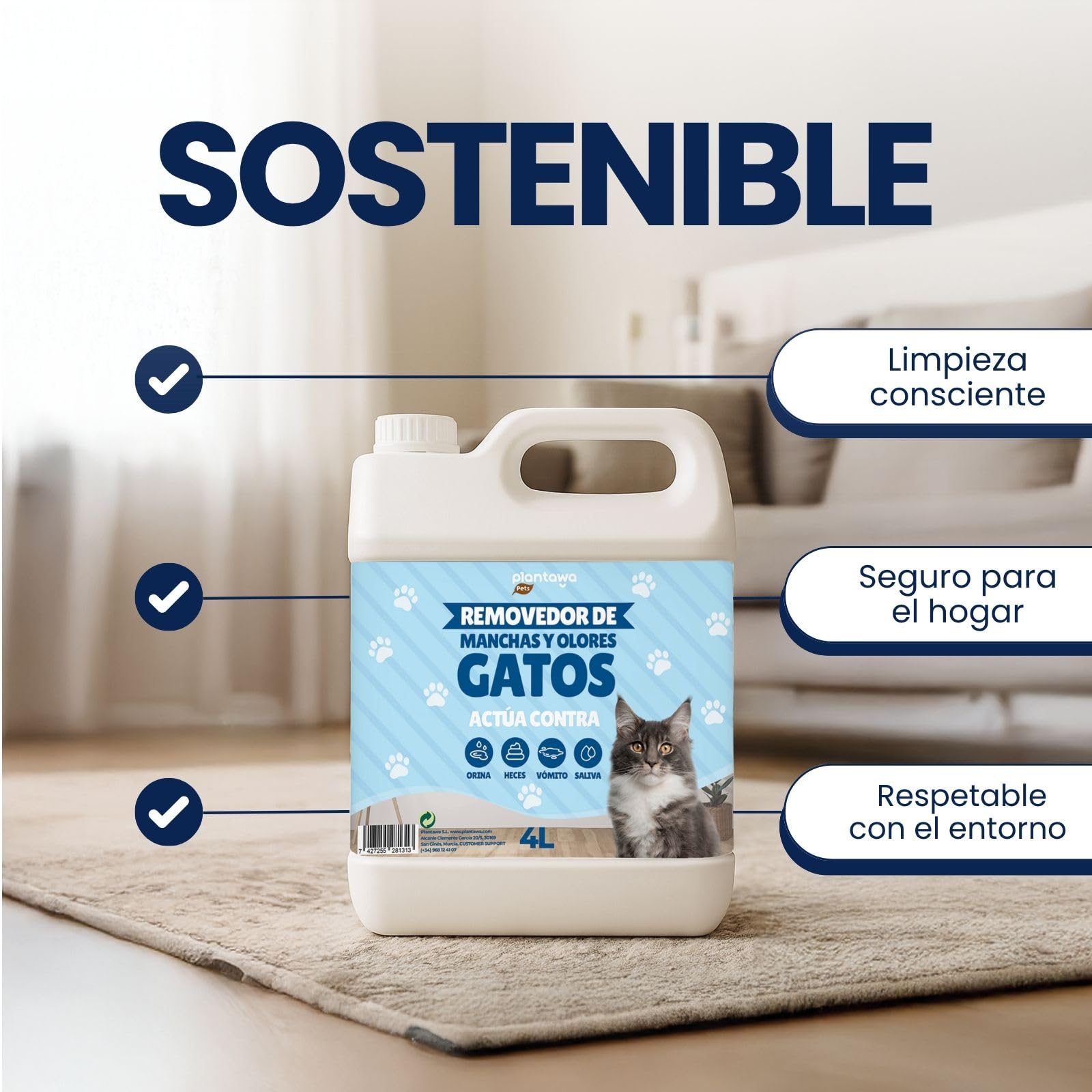 Plantawa Limpiador Enzimático Orina Gatos 4L | Neutralizador de Olores Gatos y Anti Pis Gato | Elimina Heces, Vómito y Chaolor Urina Mascotas | Textiles y Muebles
