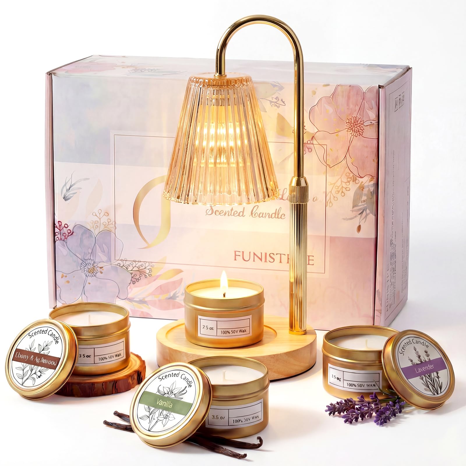 Funistree Candle Warmer Lamp with Dimmer, Candle Warmer with 3-Pack Scented Candle, Birthday Candle Gifts Sets for Women Mum Friends, Home Decor, Candle Heater Lamp with 2 Bulbs for Yankee Candle
