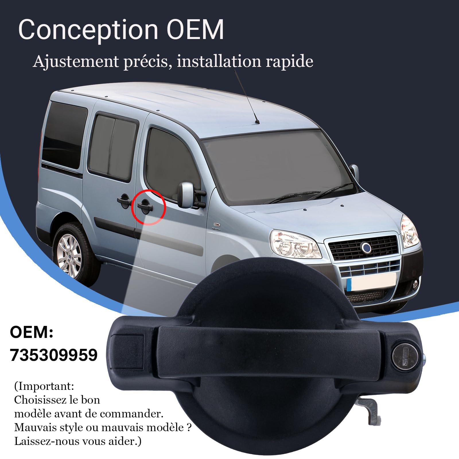 Poignée de Porte Extérieure Compatible avec Doblo(735309959+2KEY) | Poignée Droite Avant avec 2 Clés Compatible avec Fiat Doblo Cargo (MK1) & Doblo 119 2005–2010