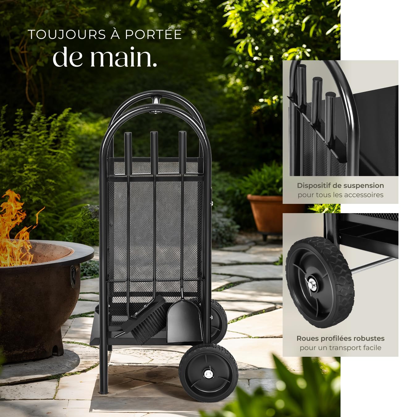 tectake® Chariot à buches, Capacité de Charge 35 kg, Inclus Tisonnier, Balai, Pelle cheminée, Chariot à roulettes, Serviteur cheminée, Range buche Interieur, Rangement Bois Interieur, Range-bûches