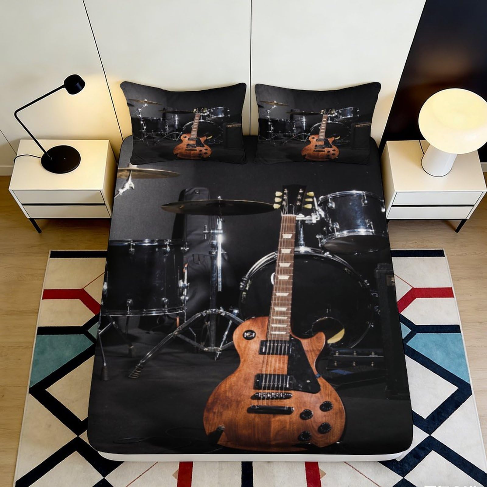 3D Printed Guitar Music Fitted Sheet Microfiber Deep Pocket Non-Slip Bedroom Bedding Guitar Mattress Fitted Cover for Adults Teens 200x200x25cm