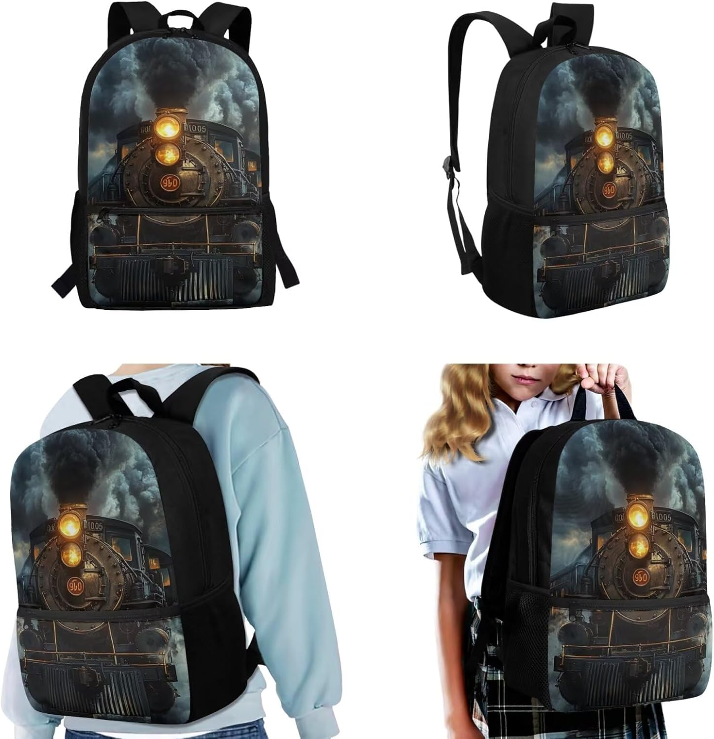 Vintage Steam Train Bookbag for Kids 5-7 Back to Elementary School Backpack and Lunch Box Set 4-in-1 Boys School Bag Lunch Boxes Pencil Case Water Bottle Holder, 17 Inches