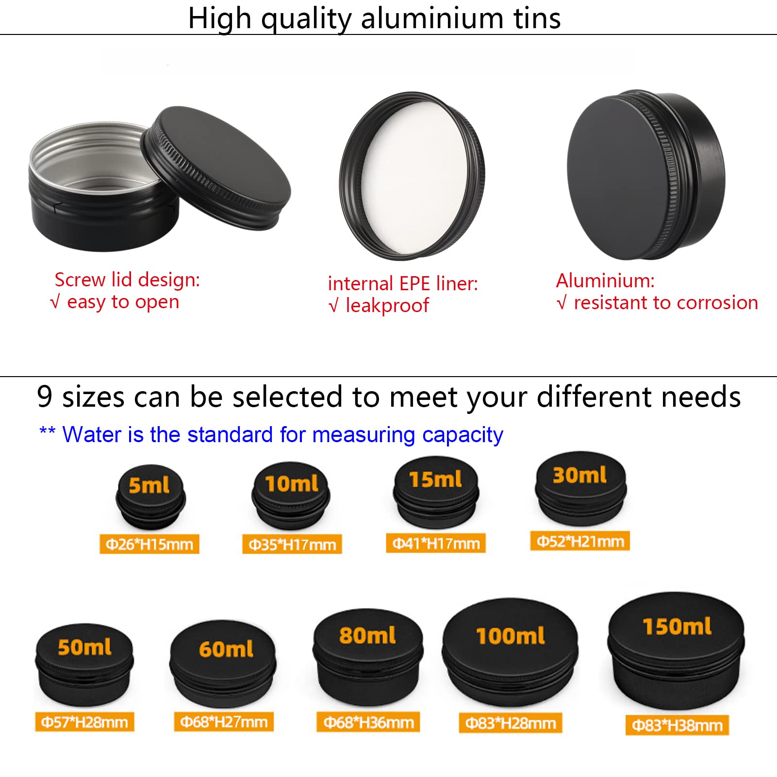 50 Piezas Tarros de Aluminio con Tapa Rosca 5ml Negro mate - D26mm x H15mm, Tarros Cosméticos Vacios, Latas de Aluminio Cosmetica Envases Viaje para Bálsamo Labial, Loción, Crema, Velas