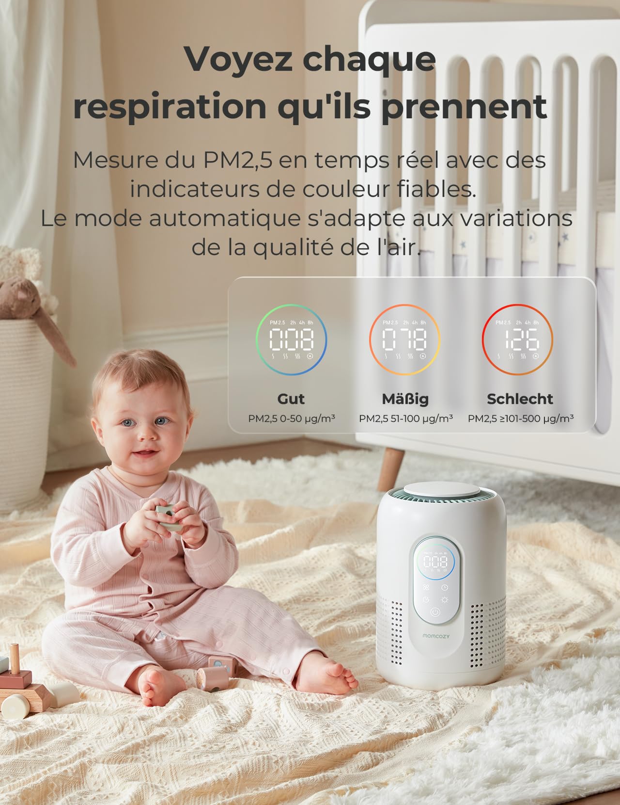 Purificateur d'air pour chambre d'enfant Momcozy, système à 4 filtres, moniteur et écran indiquant en temps réel la qualité de l'air (PM2,5), indication de l'état avec 3 couleurs, veilleuse réglable