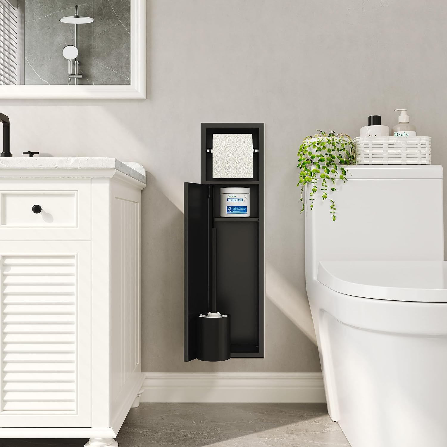 Qeke in Wall Toilet Brush Holder w/Cabinet, Black, 4" Depth image 2