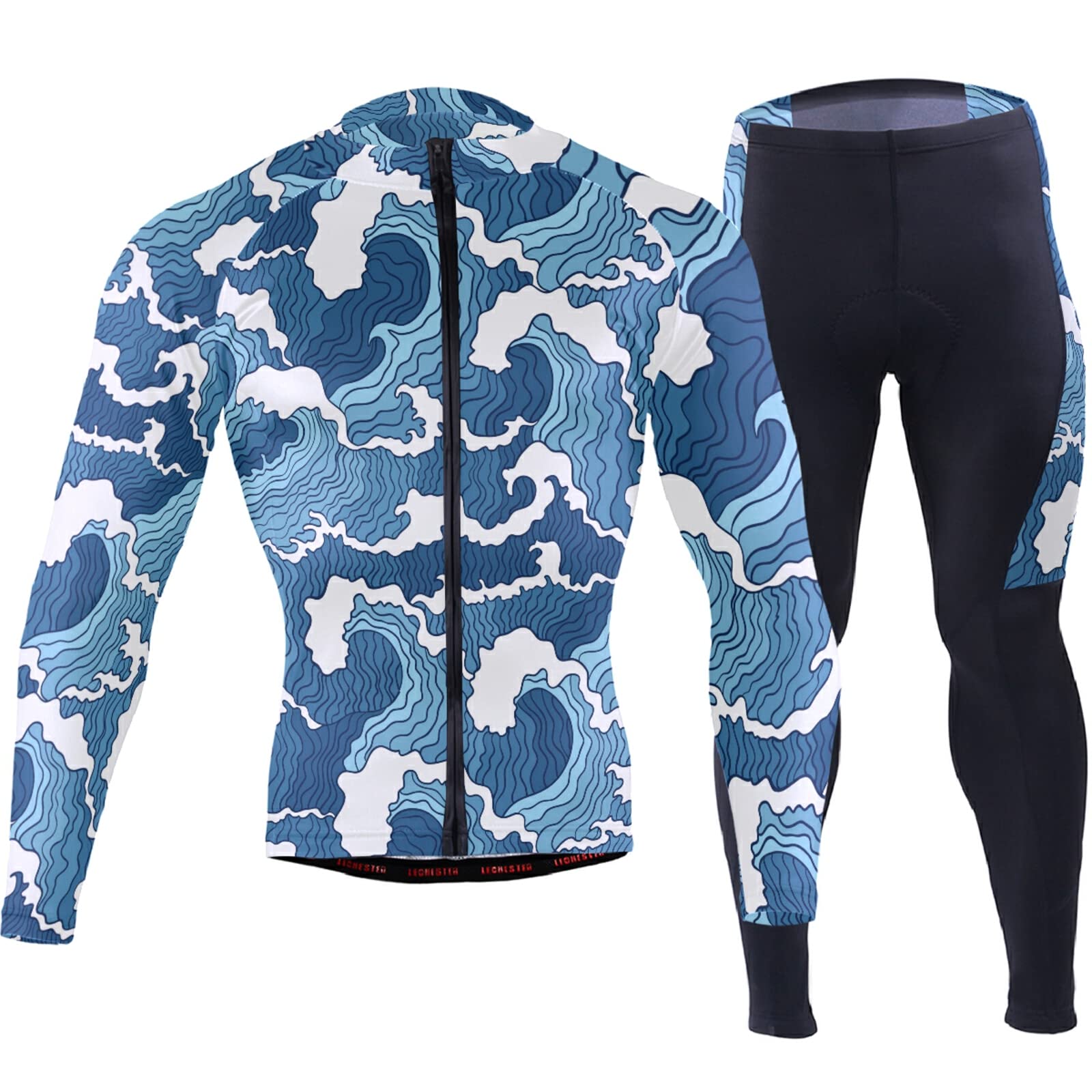 Japanese Abstract Blue and White Waves Seamless Pattern Men Cycling Jersey Clothes Long Padded Pants Sets Quick Dry Bike Riding Shirts Clothes Long Sleeve Outfit Full Zipper Jacket(2XL)