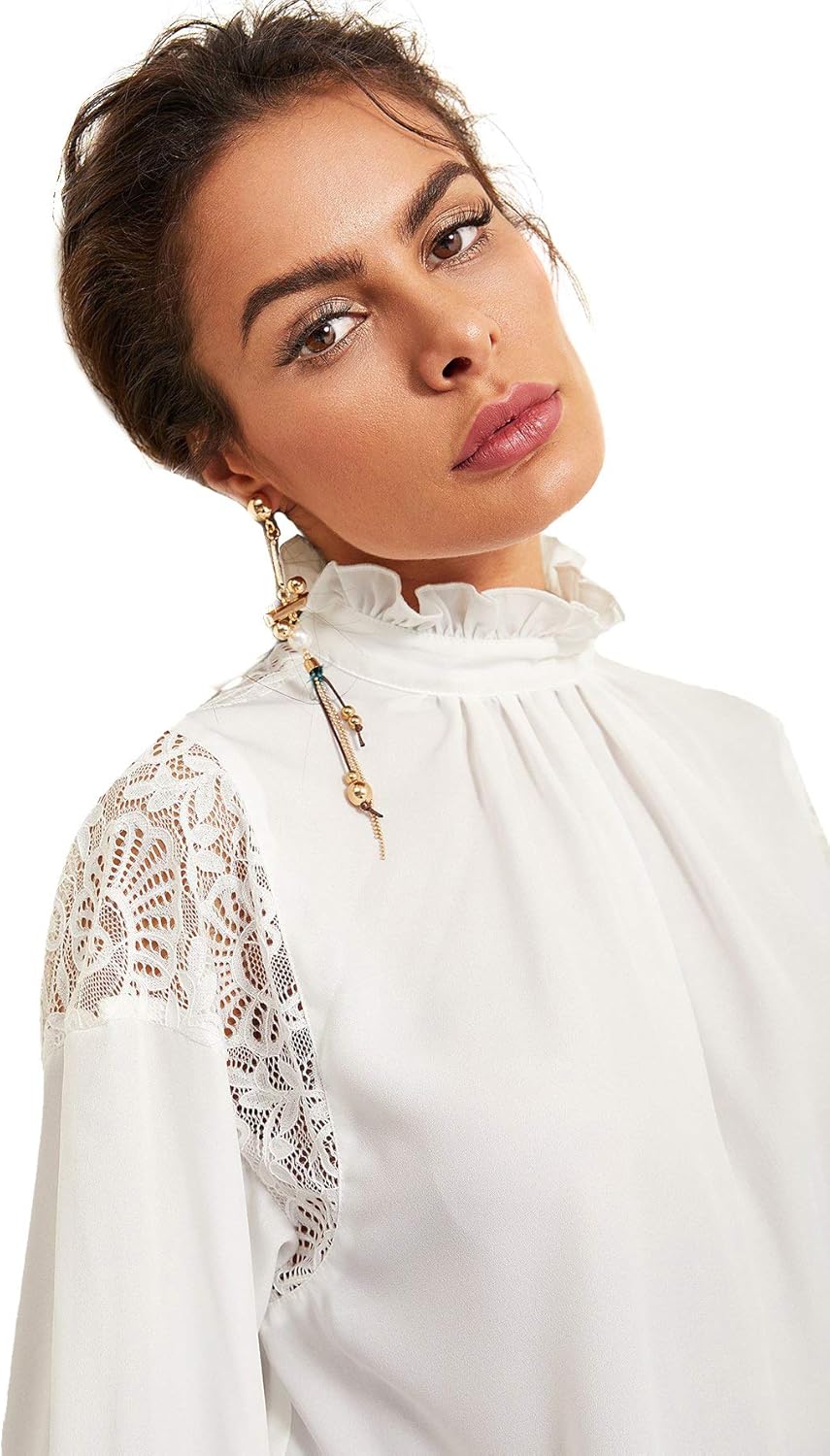 Floerns Women's Long Puff Sleeve Mock Neck Sheer Chiffon Blouse Tops - Image 5