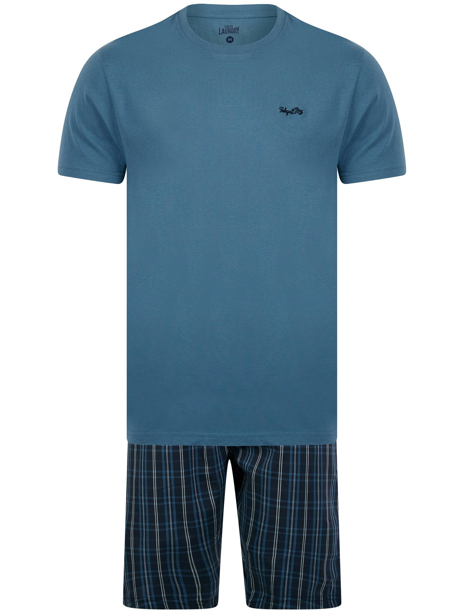 Tokyo Laundry Men's 2 Piece Jersey Cotton Crew Neck T-Shirt and Shorts Lounge Pyjama Set Copen Blue