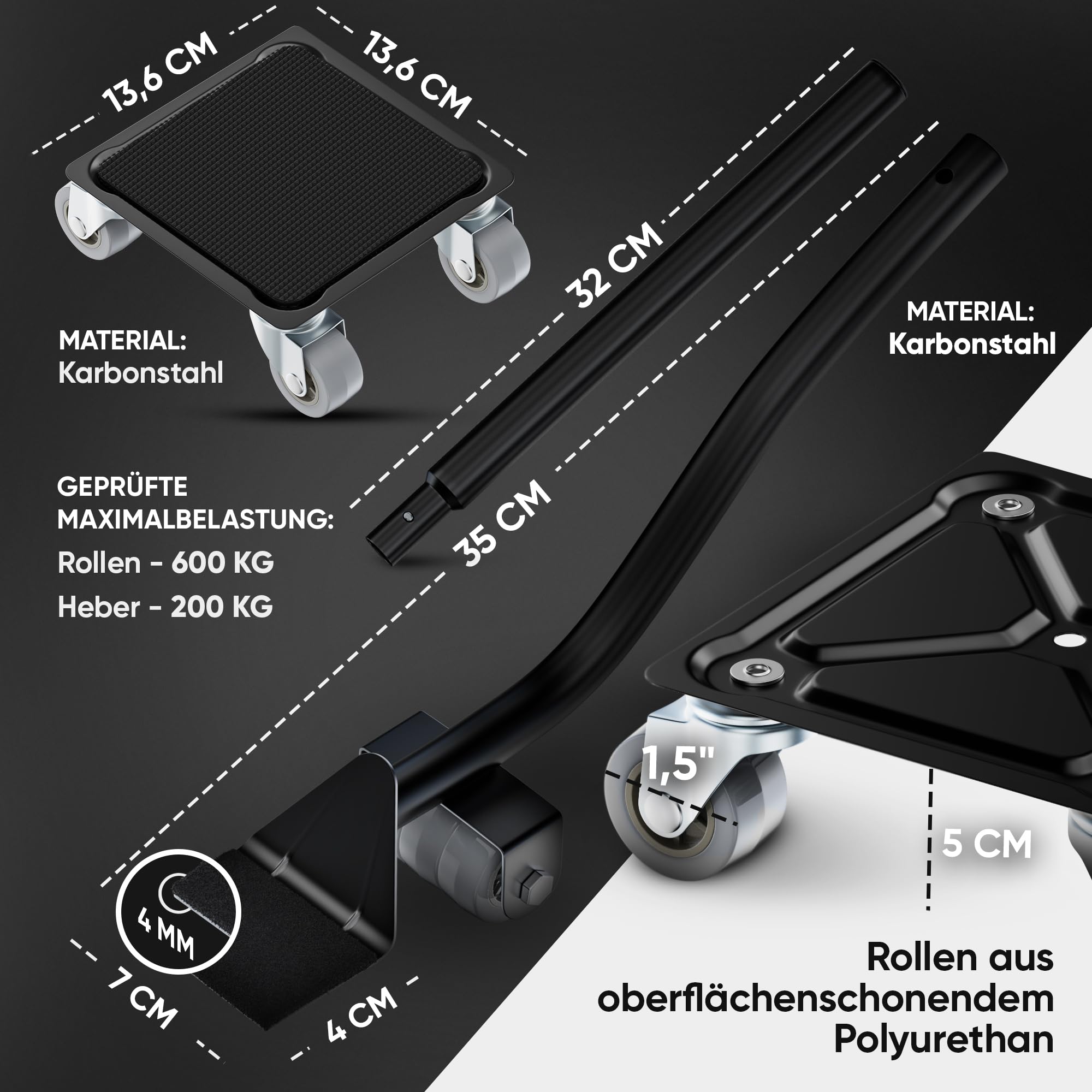 Möbelroller Set | Stabiler Möbelheber | 4 Transportroller | 600kg
