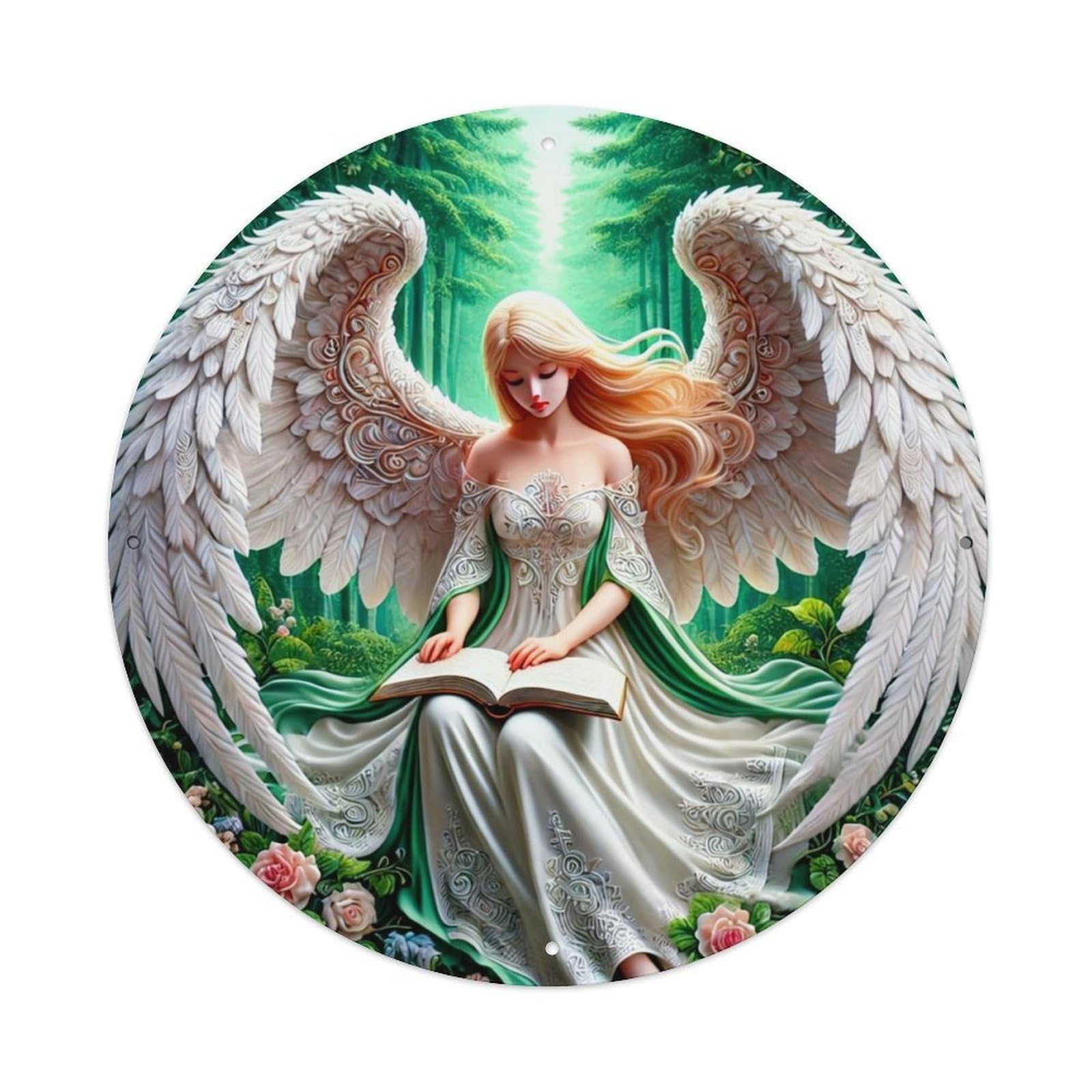 Angel Reading Book In Forest Vintage Metal Tin Sign Retro Wall Decor for Home Bar Garage Cafe, Indoor & Outdoor Decorative，circle Metal Poster, 8x8 Inch