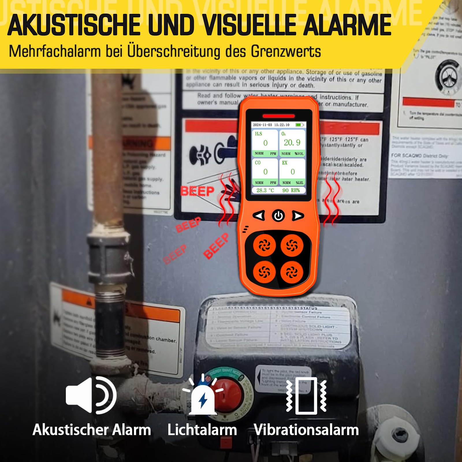 4 Gasmelder, Tragbar 4 Gas Monitor für H2S, CO, LEL und O2 Analysator, Wiederaufladbarer 4 Gasdetektor mit Ton, Licht und Vibration, Orange