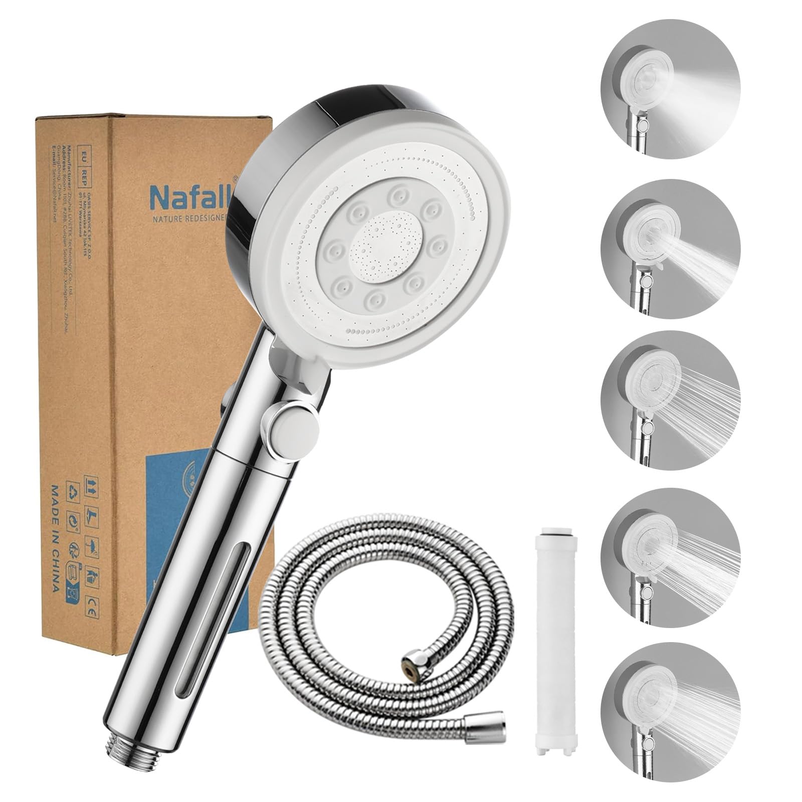 Nafall High Pressure Shower Head - Hard Water Filter Shower Head with Hose 1.5M, 5 Modes and Pause Switch, Water Saving Handheld Power Filtered Showerhead for Low Water Pressure, Chrome White