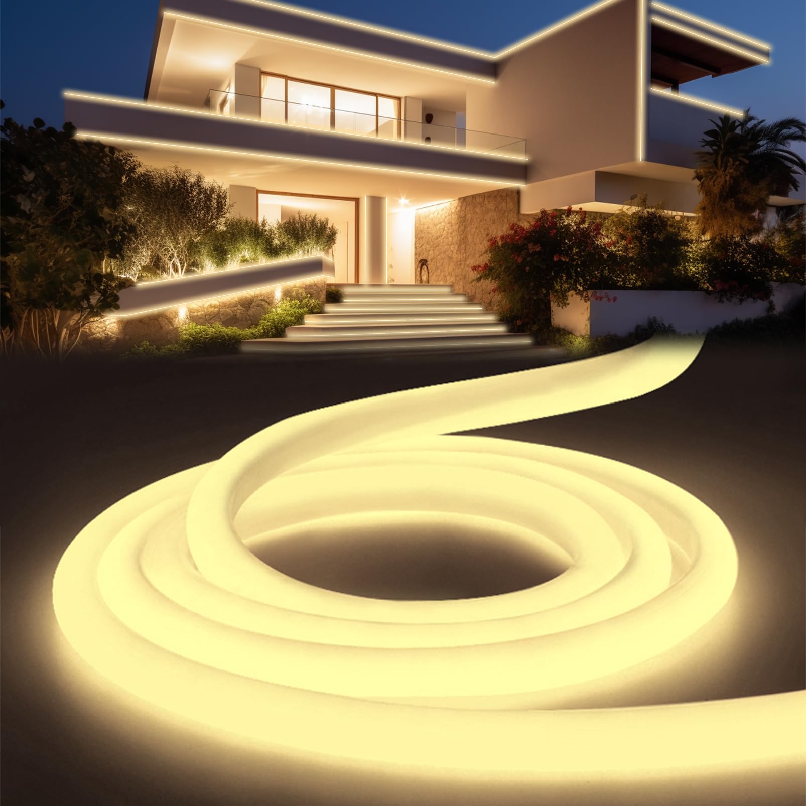 YOODI Neon LED Strip Neutralweiß 10m, Led Lichtband für Außenbereich IP65 Wasserdicht, Schneidbare Rundes Rohr Flexibel Outdoor LED Streifen 230V für Haus, Zimmer, Garten, Party, Inklusive Netzteil