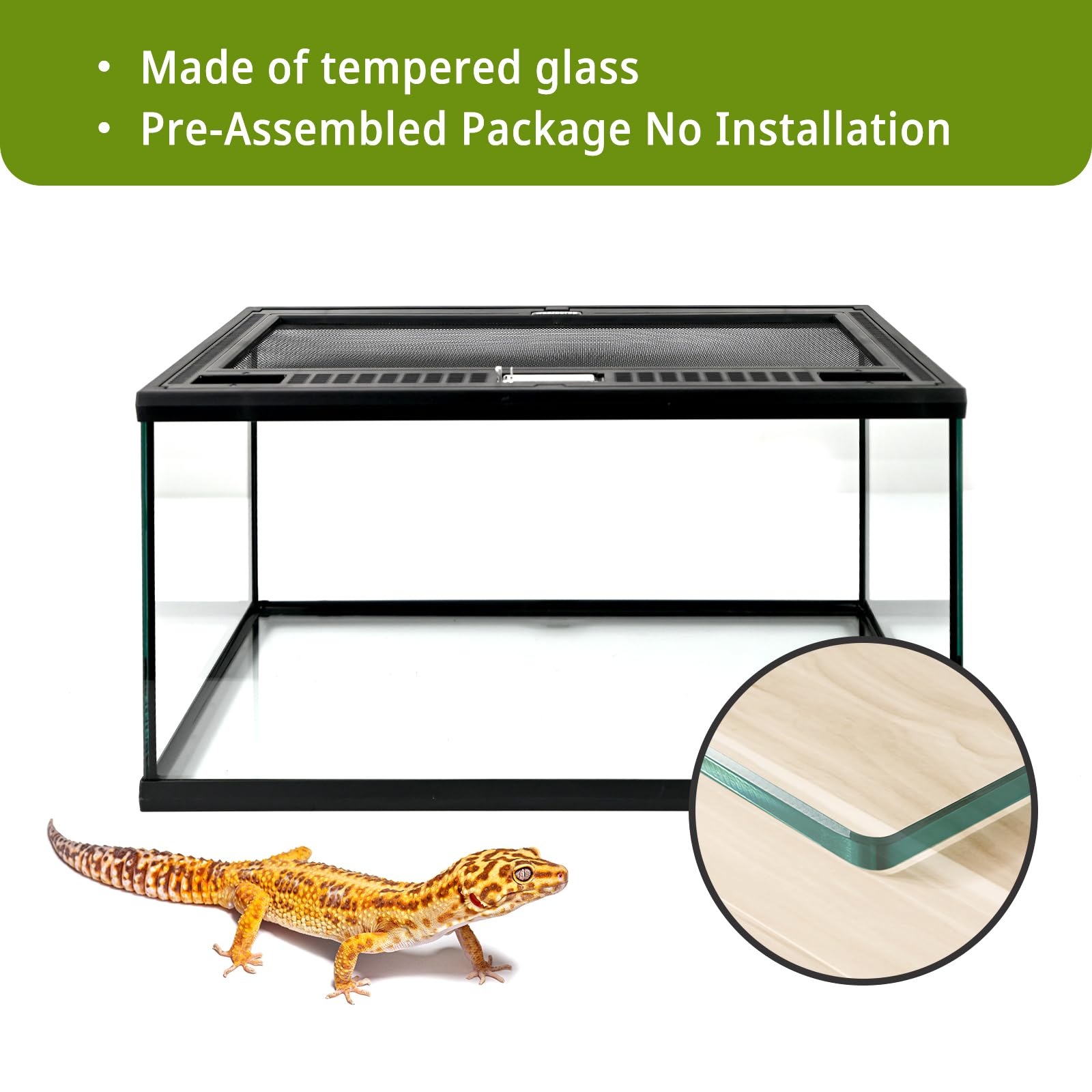 Tanque de vidrio para reptiles de 20 x 12 x 10 pulgadas, terrario premontado para tortuga, cangrejo ermitaño, dragón barbudo, geco, lagarto, serpiente, araña, pez, tarántula, con ventilación