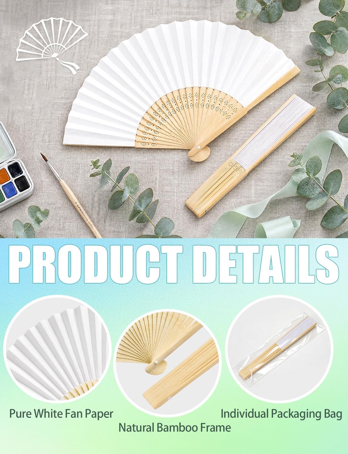 60pcs White Paper Hand Fans Bulk Foldable Handheld Fan, 8.27 Inch