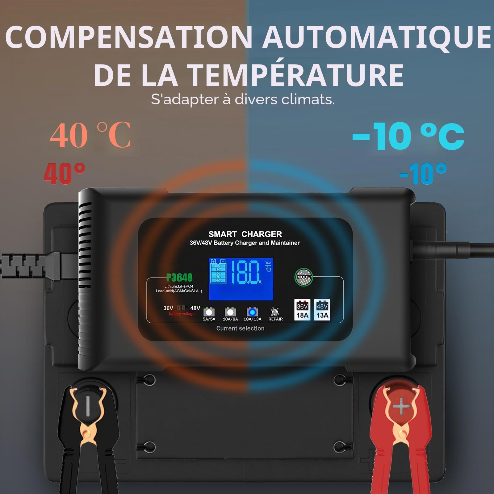 Haisito Chargeur de batterie de voiture P3648 36 V 18 A/48 V13 A turbulent intelligent pour batteries au lithium LiFePO4, batteries plomb-acide (AGM Gel MF, etc.), caravanes, motos, chariots de golf