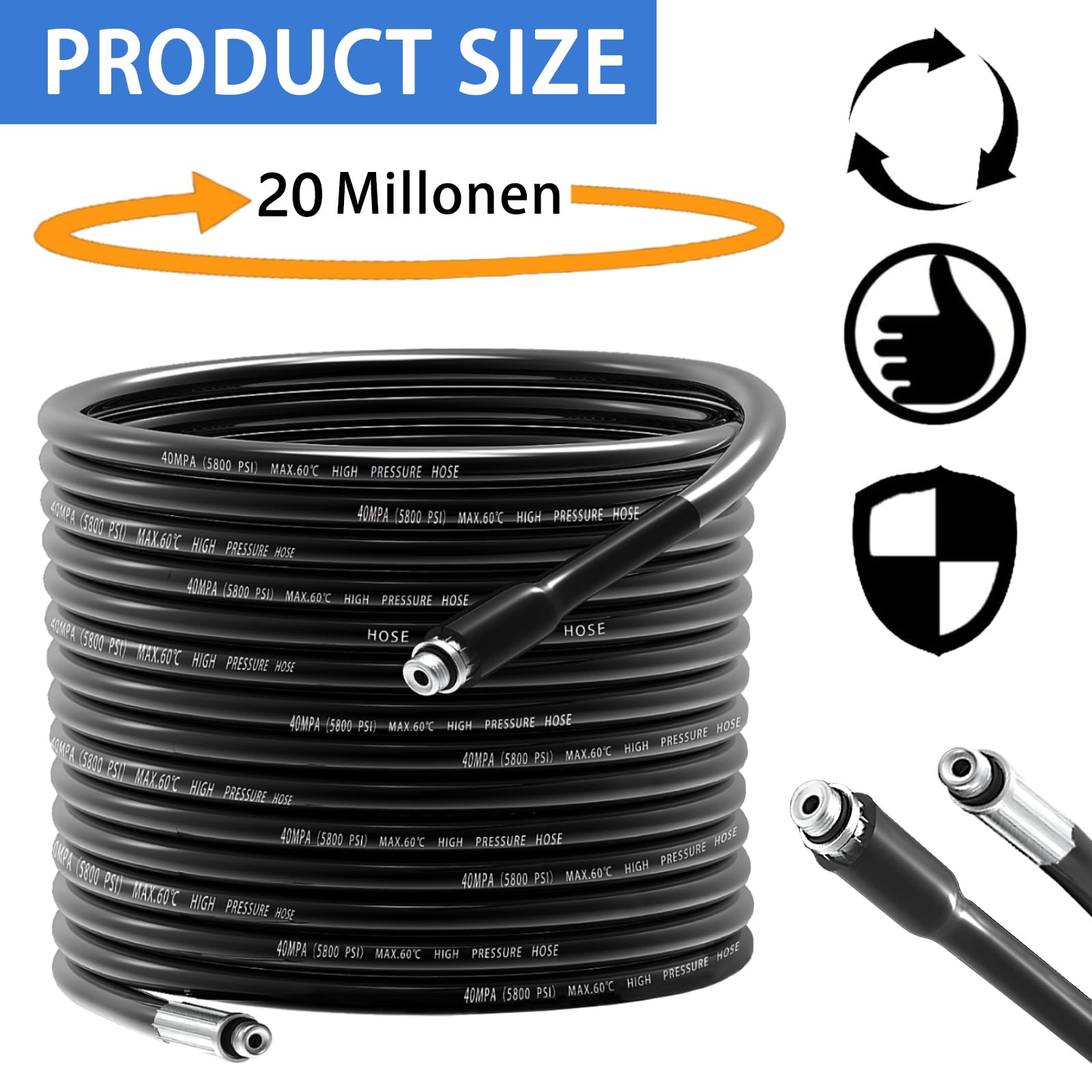 20M 400 Bar Rohrreinigungsschlauch Set für Kärcher K2-K7 Serien Lavor Bosch Hochdruckreiniger,Rohrreinigungsset für Verstopfte Rohre Abflüsse,Hochdruckschlauch mit Strahldüse Rotierender Strahldüse