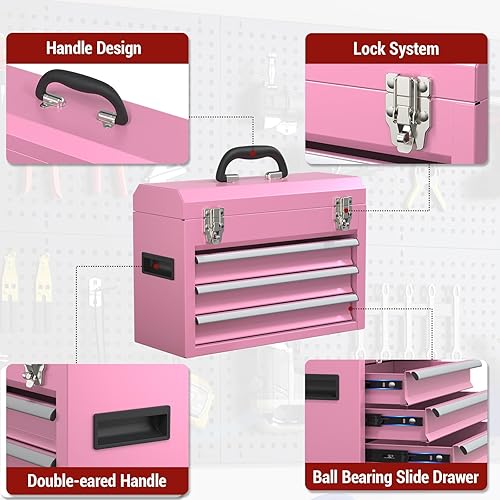 Miniatura 4 de Caja de herramientas pequeña de 3 cajones, caja de herramientas portátil de acero de 3 cajones con sistema de bloqueo, organización de caja de