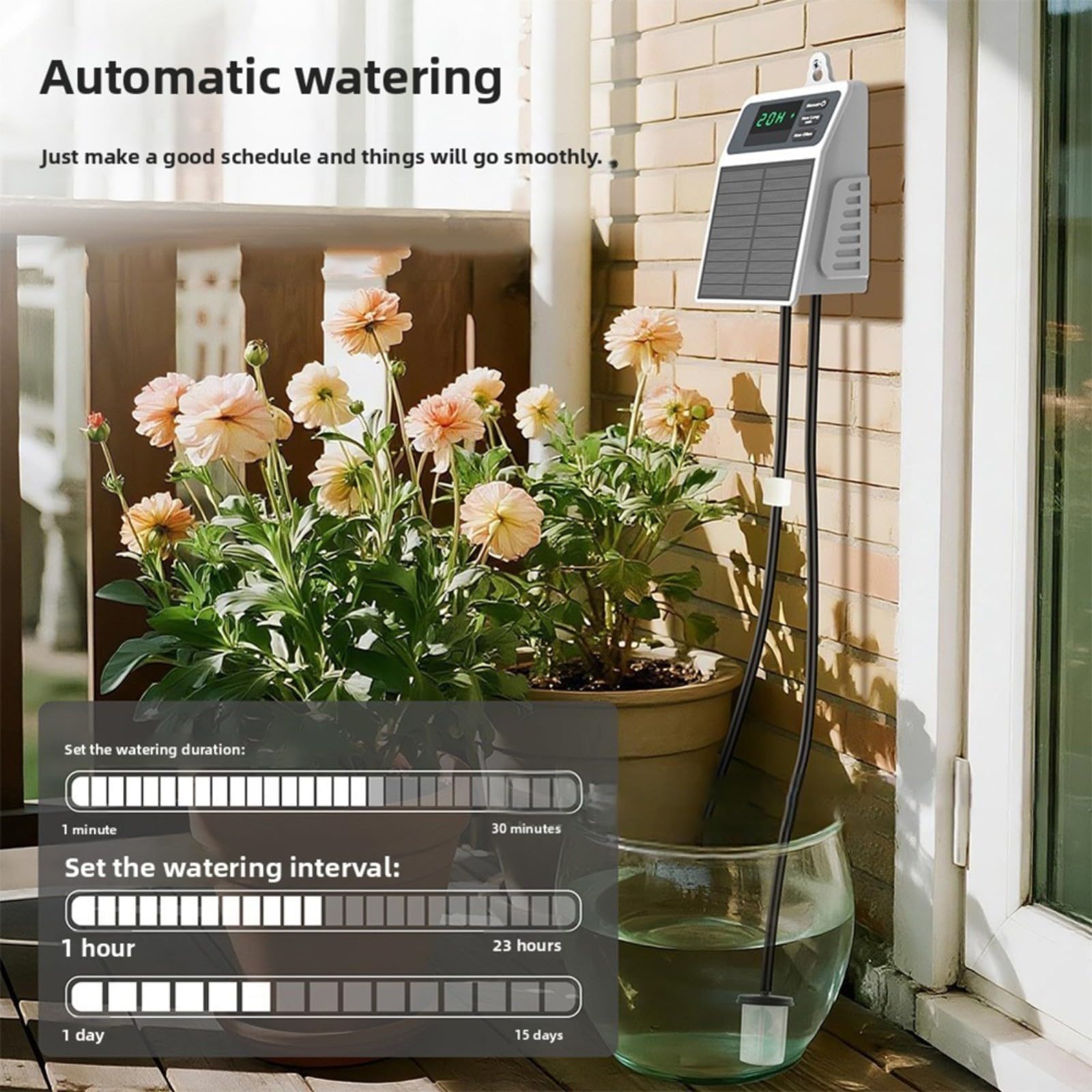 Sistema di irrigazione automatico con ricarica solare, timer USB-C per piante, 2200 mAh per batteria, impermeabile IPX5, frequenza e durata regolabili, per 10-15 vasi, per interni ed esterni, giardino
