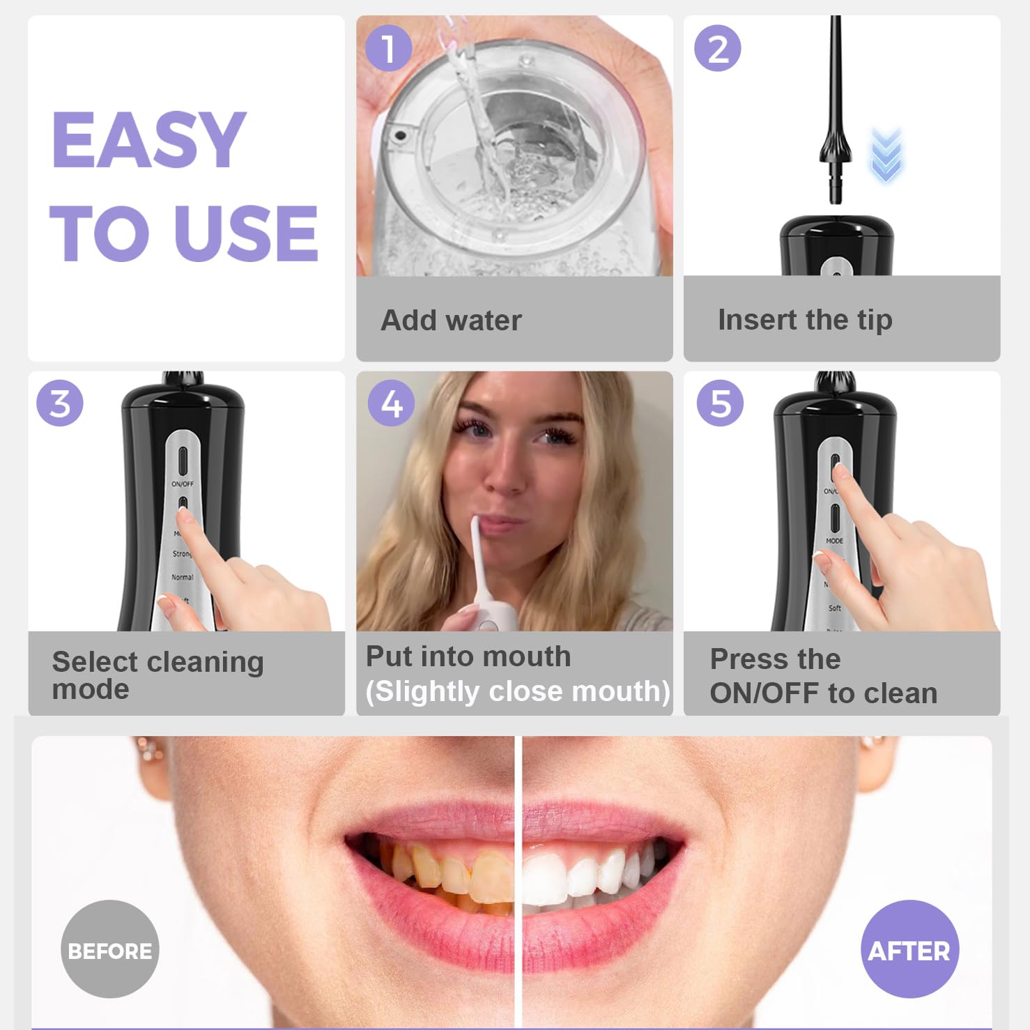 Idropulsore dentale per denti da 350 ml, con borsa da viaggio, 5 modalità di irrigatore orale portatile senza fili, ricaricabile, IPX7, impermeabile, per casa e viaggi (nero)
