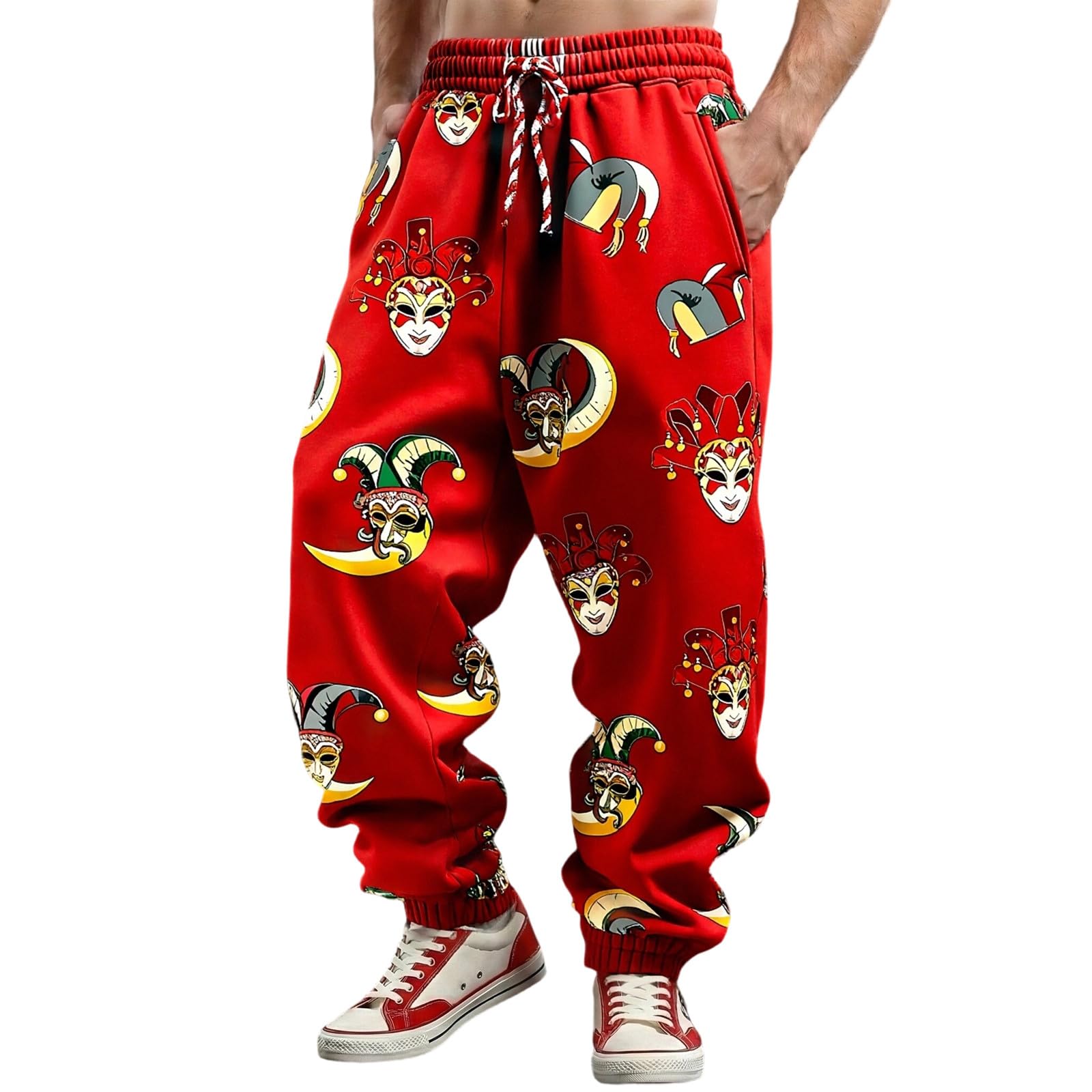 Générique Men's Harem Pants Clown Costume Carnival Clown Trousers Lapel Pattern Elastic Waist Casual Jogging Bottoms Pyjama Bottoms Baggy Pants, H Red, 3XL — image 1
