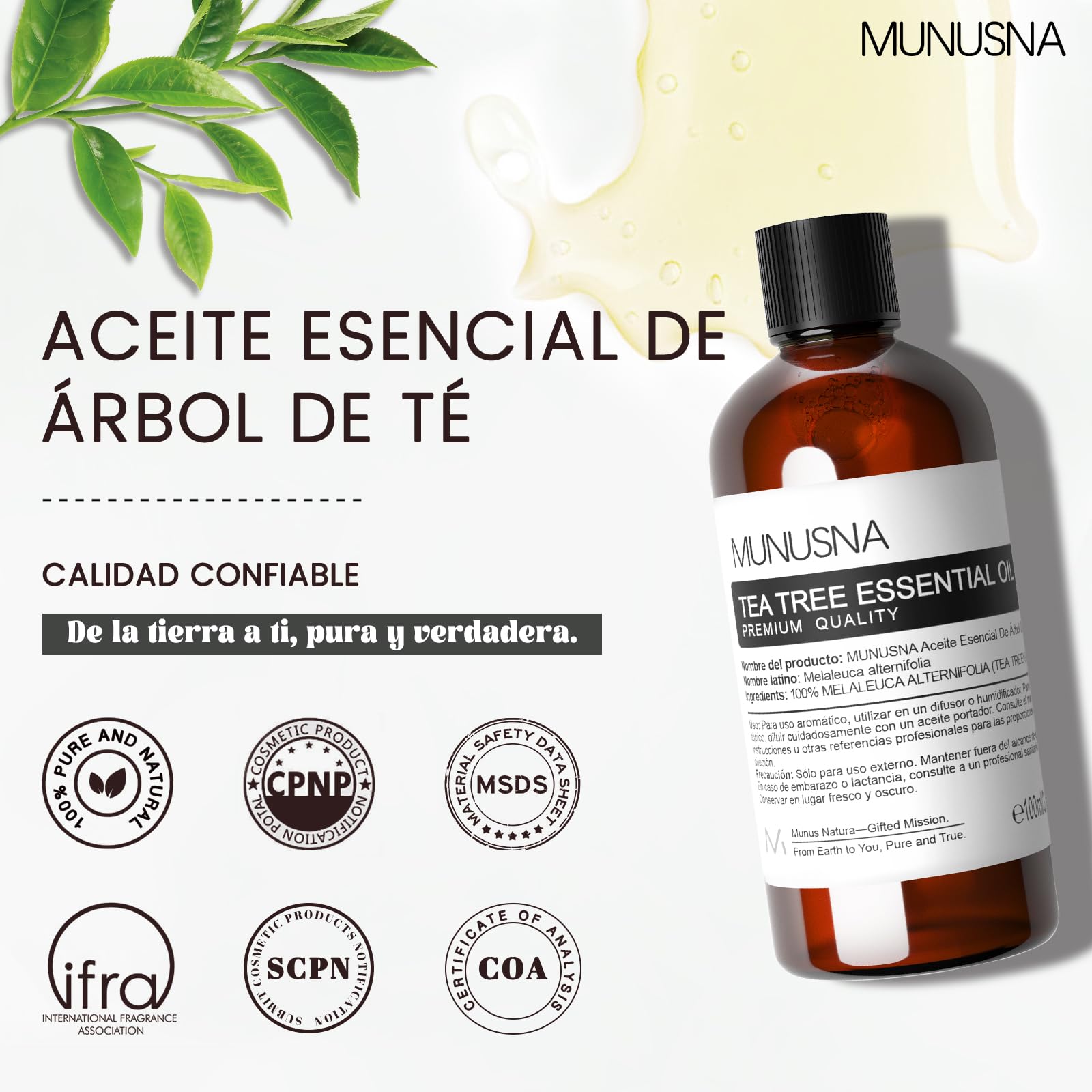 Aceite de Árbol de Té 100% Puro 100ML, MUNUSNA Aceite Esencial Tee Tree para Puntos Negros, Granos, Cabello, Uñas, Aceites Esenciales Arbol de Te Naturales para Humidificador Difusor, Tea Tree Oil